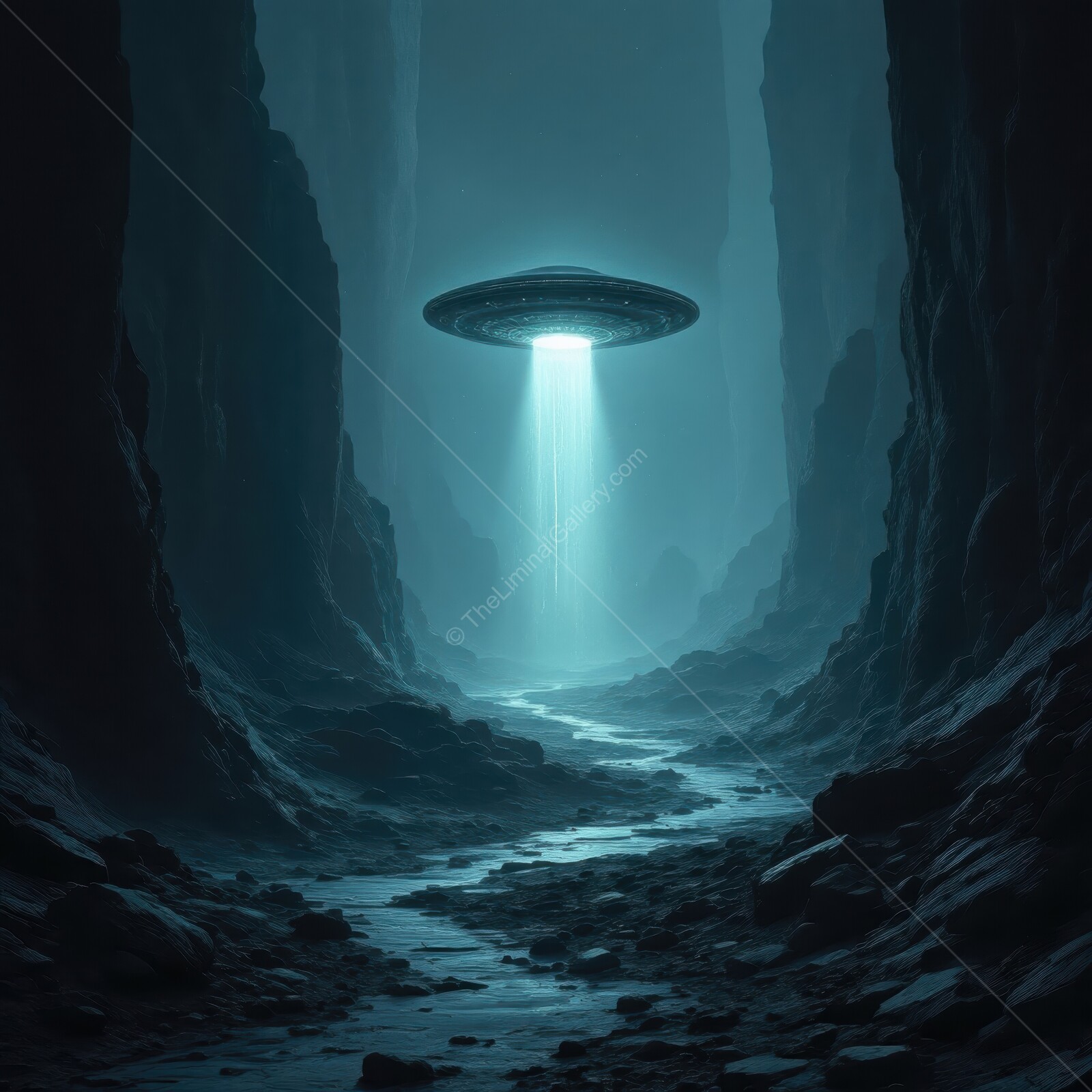 Mysterious UFO descends into a shadowy chasm, illuminating a desolate path in an eerie liminal landscape