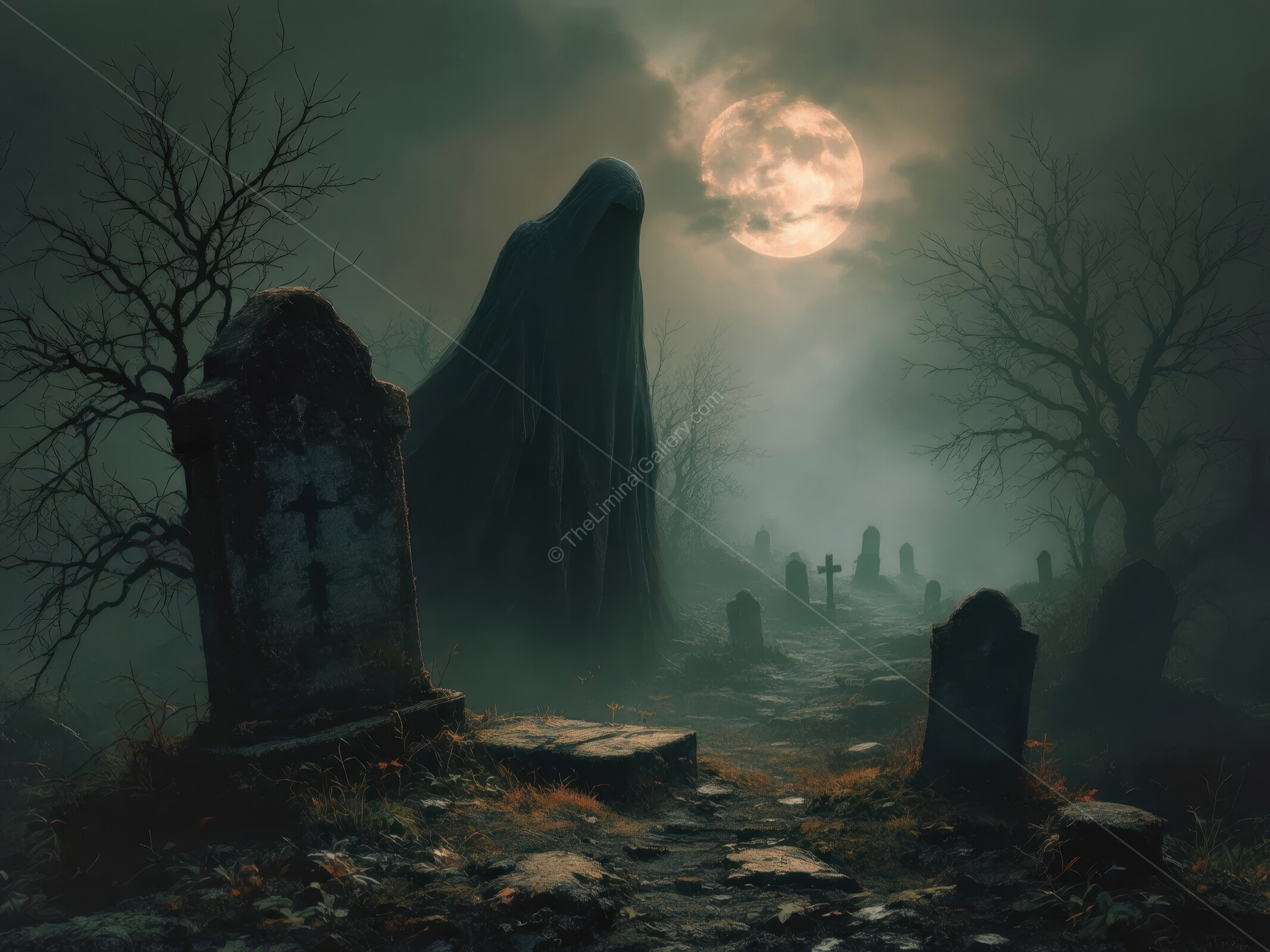 Unearthly figure shrouded in mist haunts a desolate graveyard under a full moon