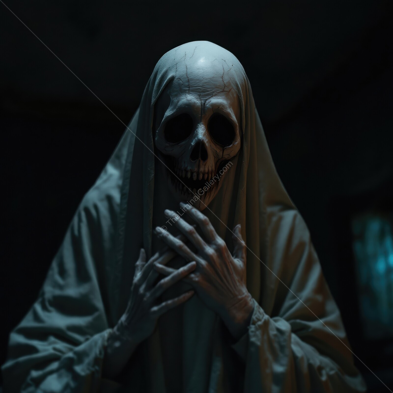 Unearthly skeletal ghost haunts a forgotten room with eerie silence in the dim light of dusk