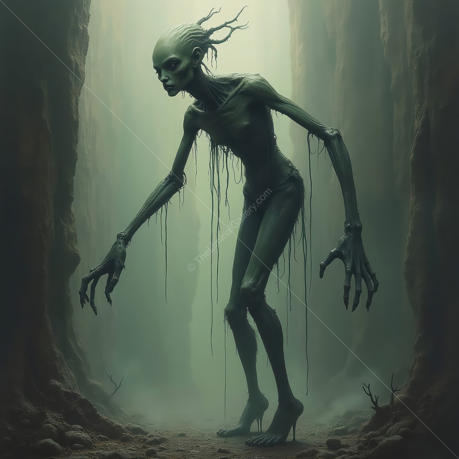Unsettling vampire looms in a foggy chasm, evoking an eerie liminal horror atmosphere