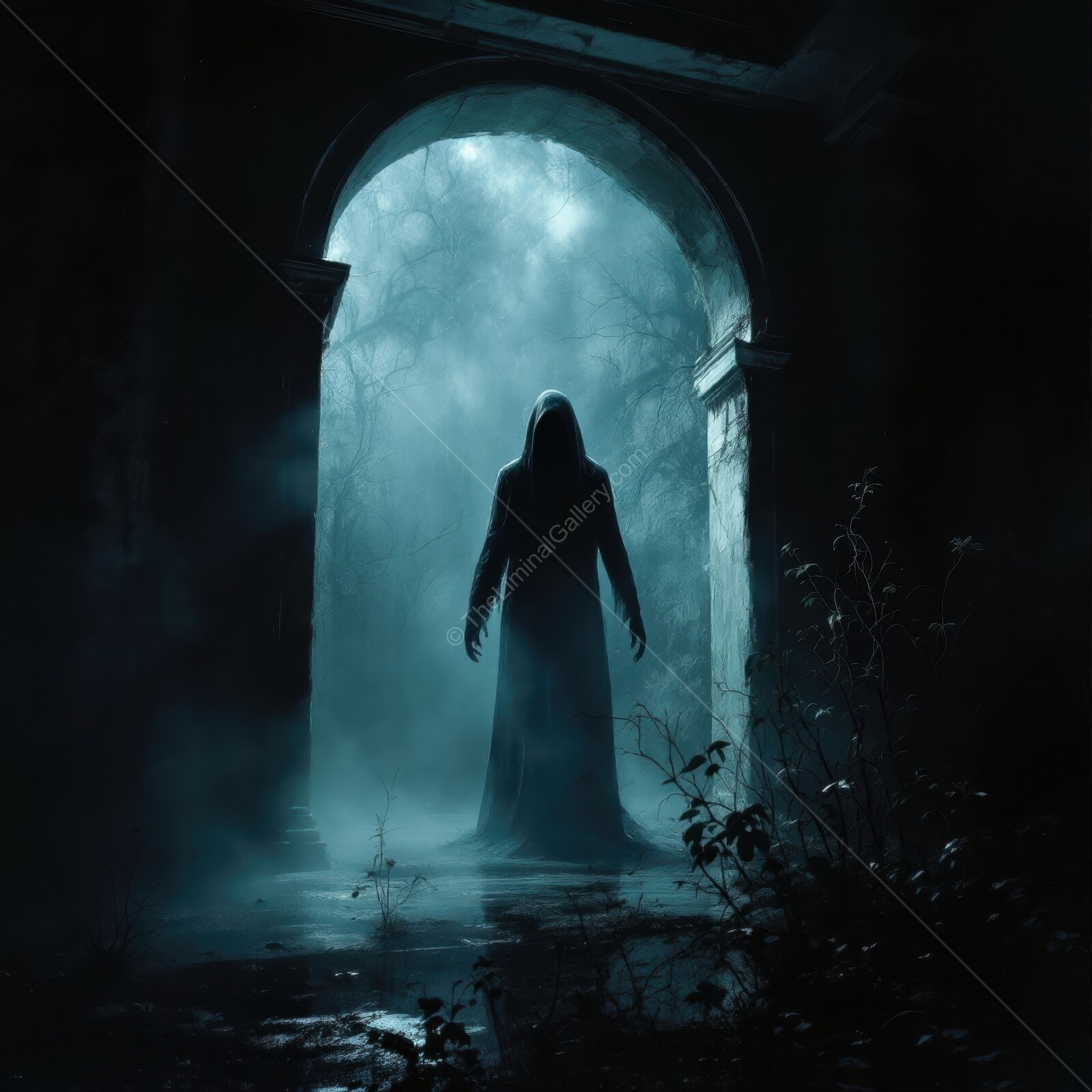 Veiled in shadows, a figure lurks in a desolate archway under the chilling moonlight