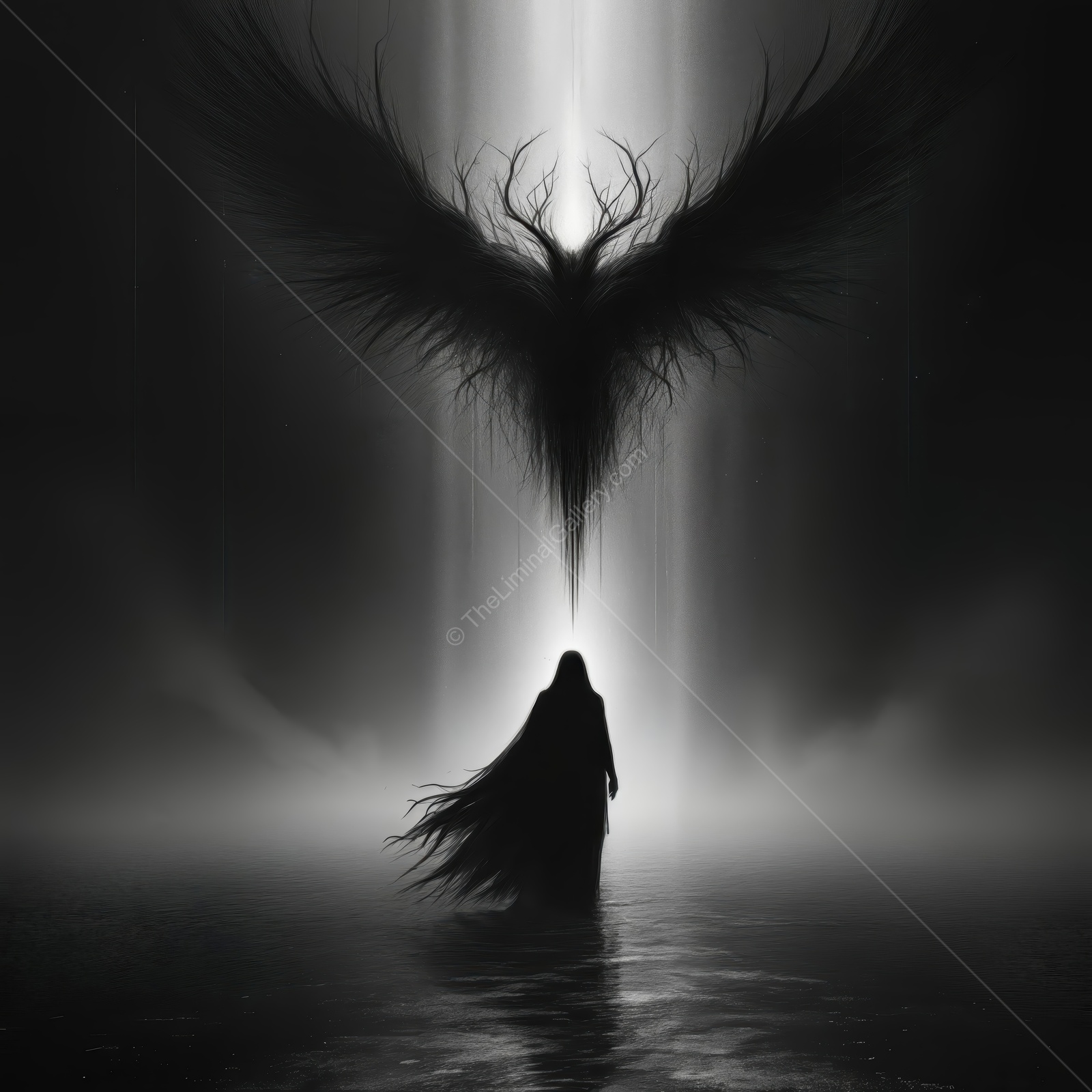 Enigmatic figure stands in water as a dark angelic presence looms above in a haunting scene of light and shadow