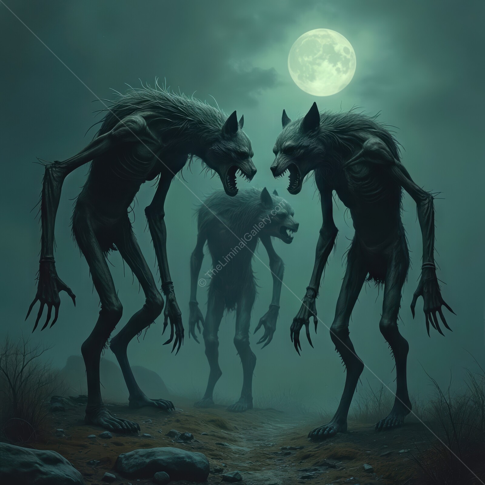 Werewolves loom ominously in a dark forest under a haunting full moon casting eerie glows