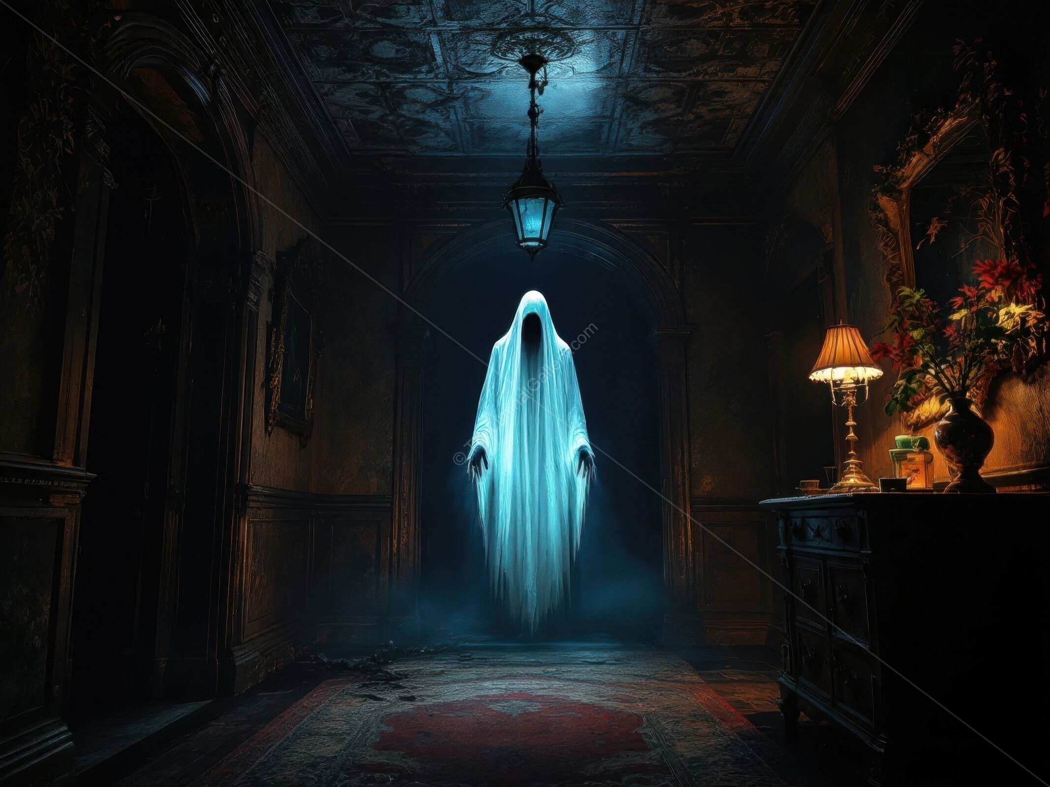 Whispers of the forgotten echo through the abandoned hall at twilight in a haunting liminal space