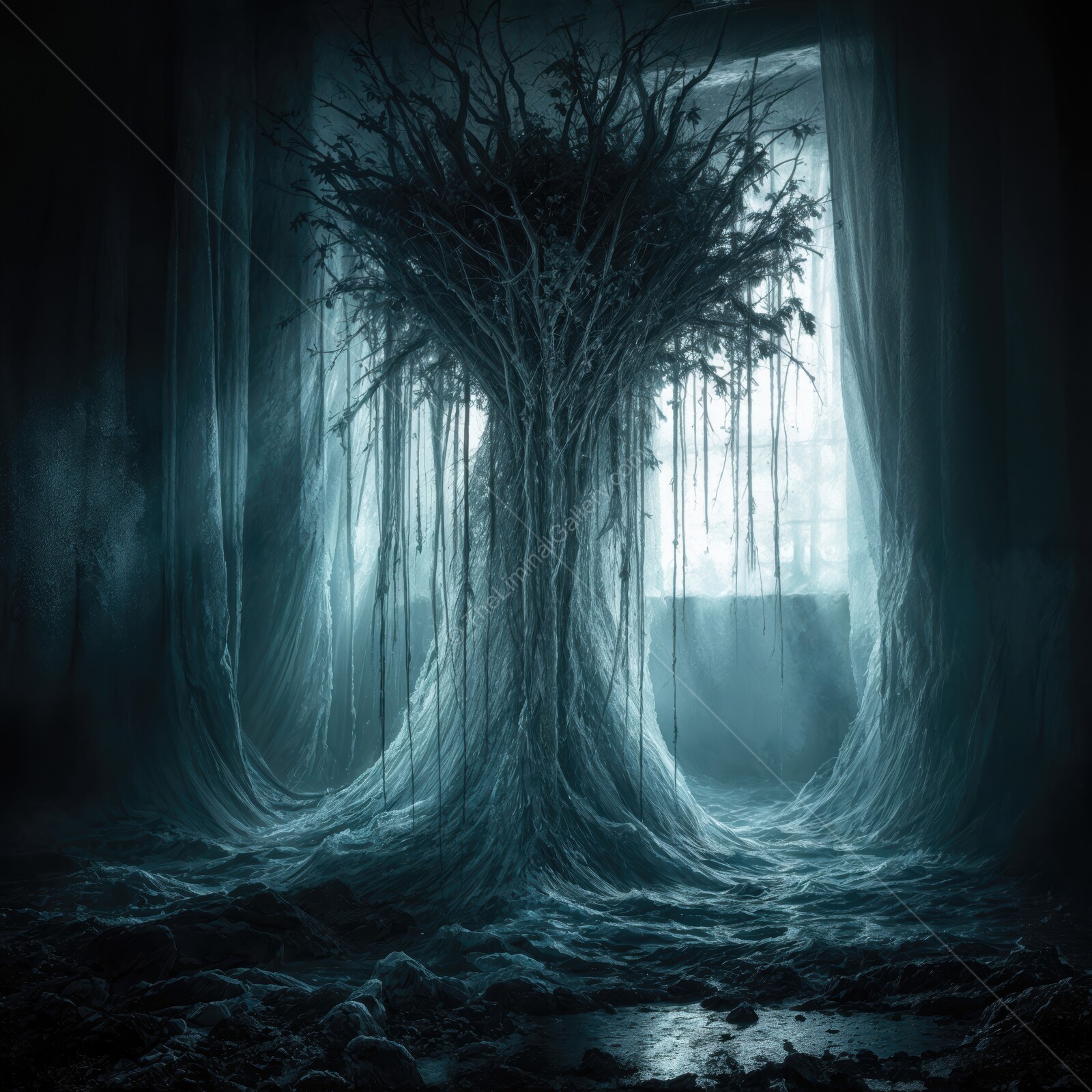 Whispers of an ancient grove awaken in a haunted, shadowy room at twilight