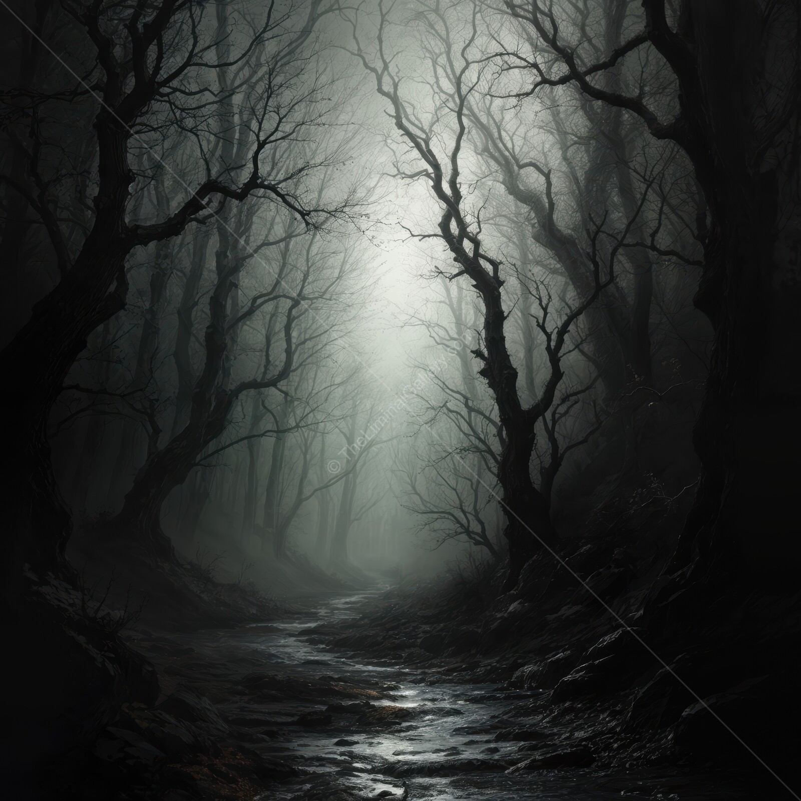 Shadows and whispers echo along the twisted path in an eerie forest engulfed by fog