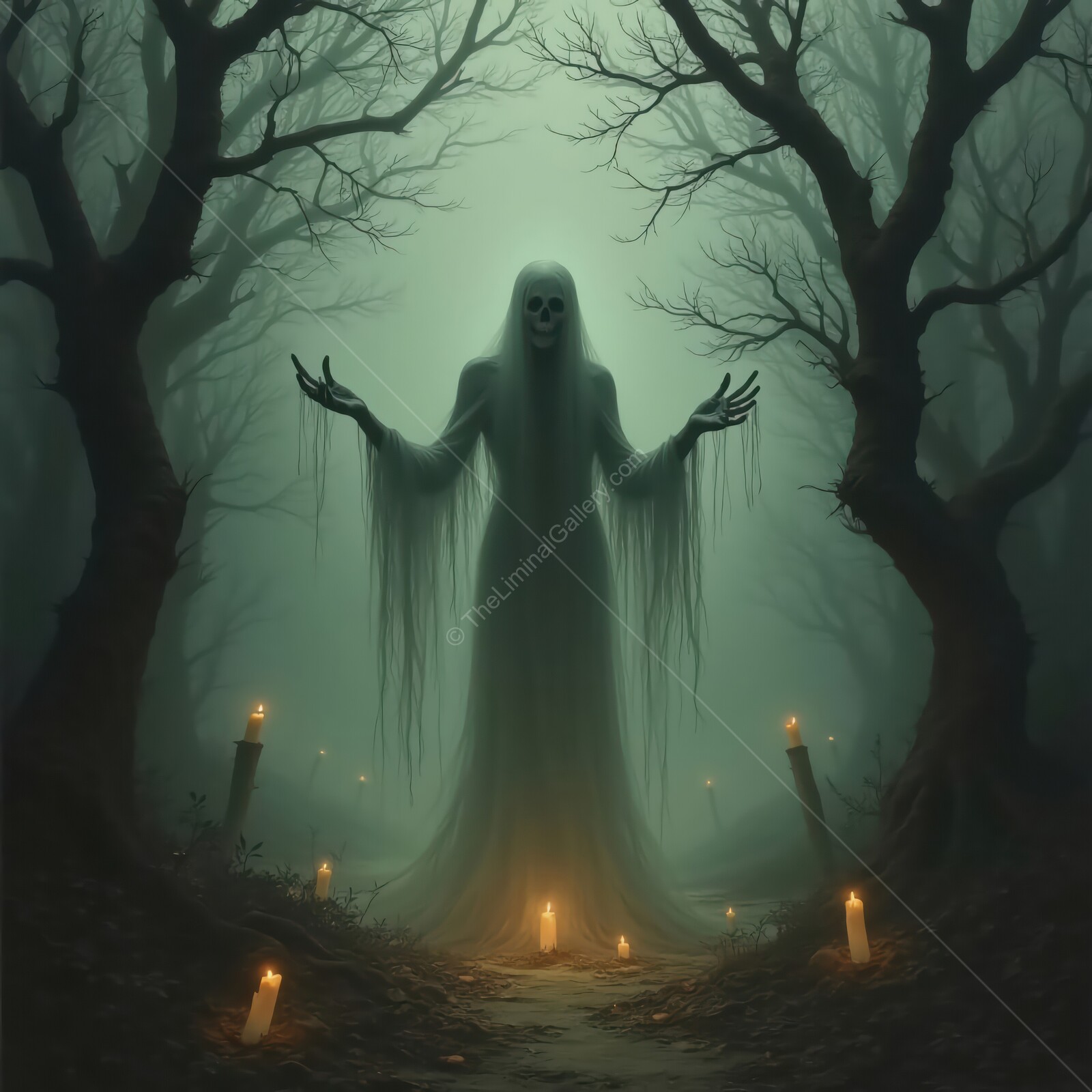 Whispers of the forgotten in a misty forest of shadows and candlelight
