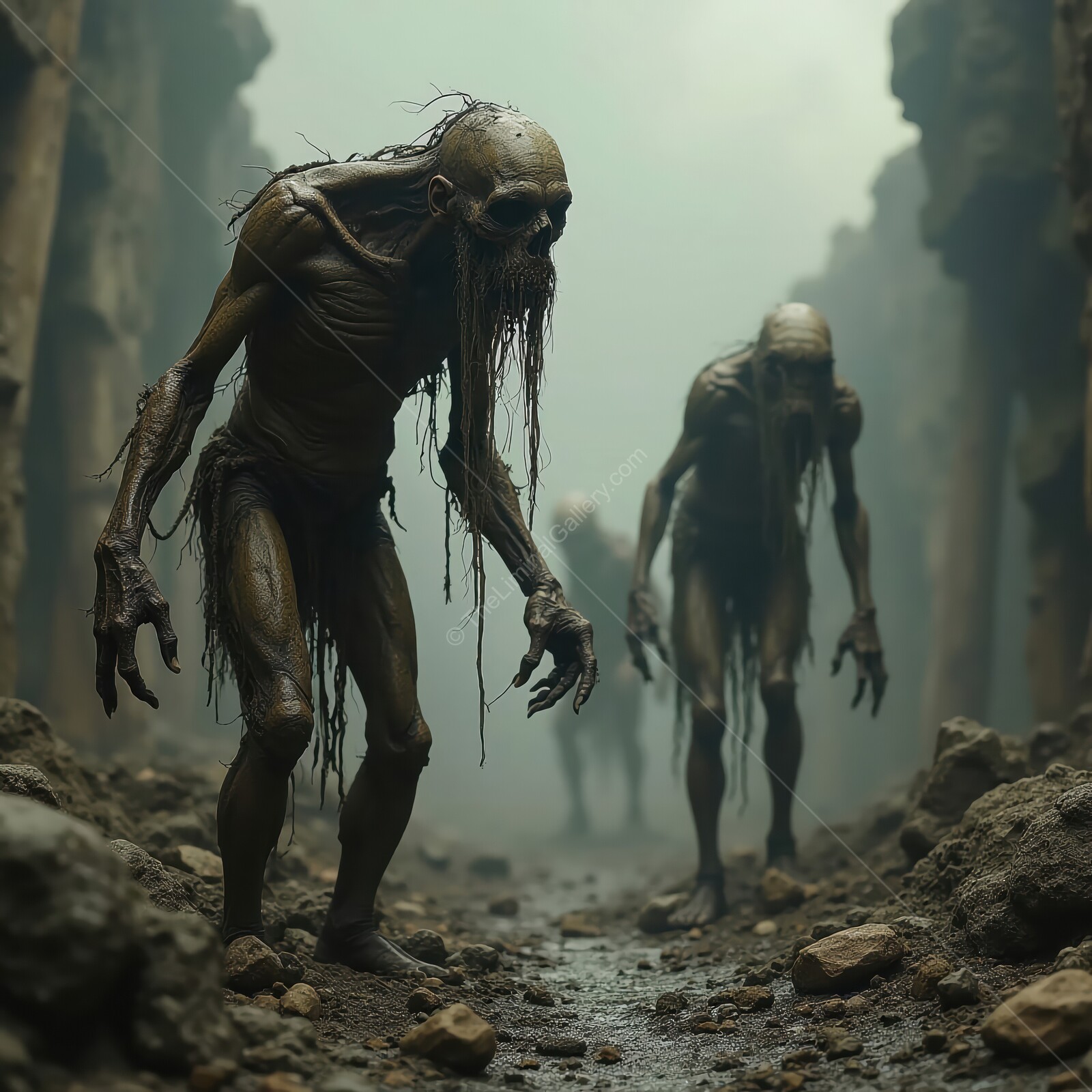 Zombies of despair creep through forgotten corridors in the haunting realm of liminal horror