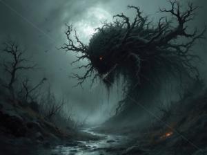Eerie entity emerges from shadowy forest under a full moon in a haunting liminal horror landscape