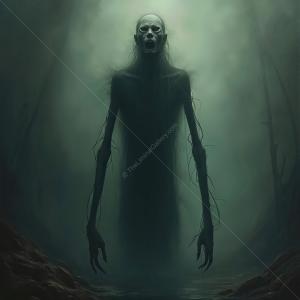 Eerie undead figure emerges from the dark mist in an unsettling forest at twilight