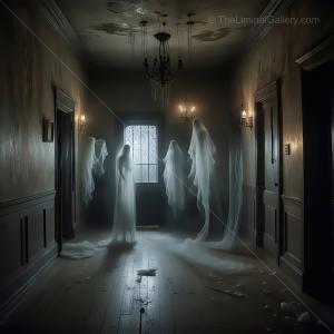 Enigmatic encounter with ethereal ghosts in a liminal old, dimly lit hallway at midnight
