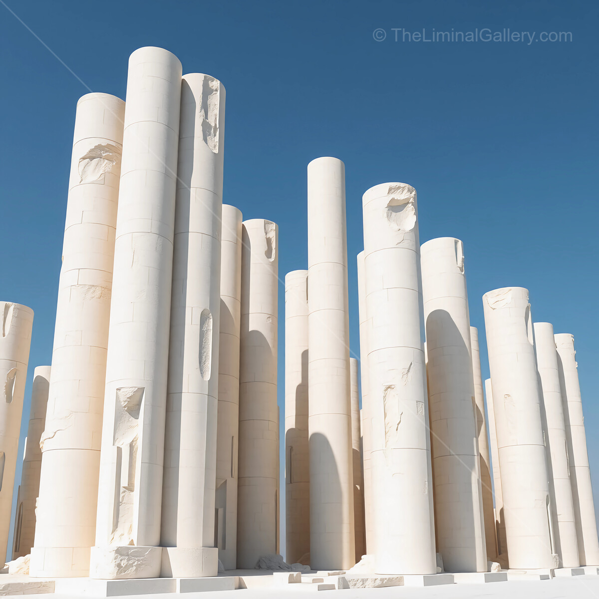Ancient cylindrical columns stand tall against a clear blue sky in a historic site filled with mystery and grandeur