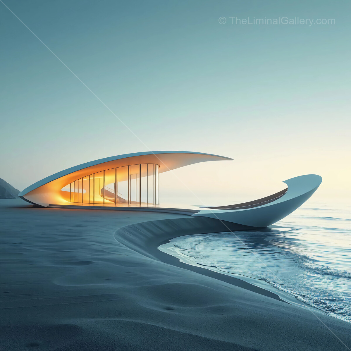 Modern liminal architectural marvel gracefully blending with serene coastal landscape at sunrise