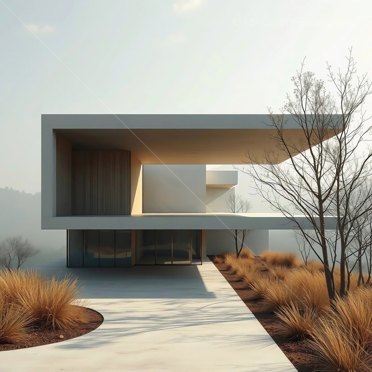 Modern liminal architecture blending with nature in a serene landscape during golden hour
