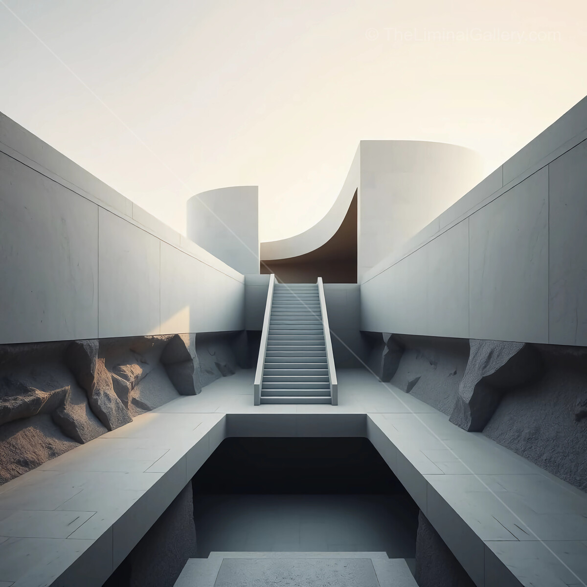 Modern liminal architecture intertwines with nature through stark designs at sunset in a unique outdoor space