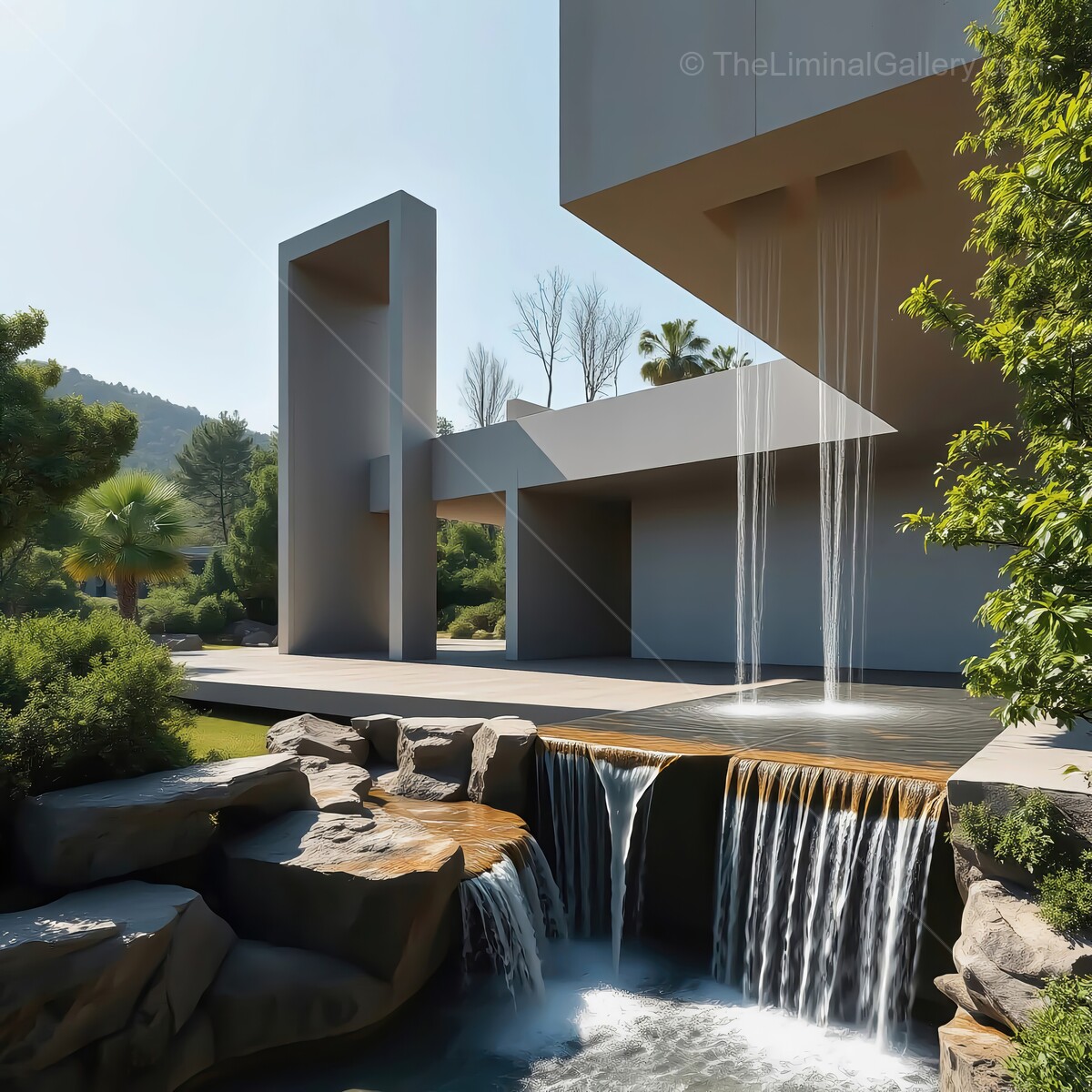 Modern liminal architecture merges with nature in a serene waterfall oasis in the daytime