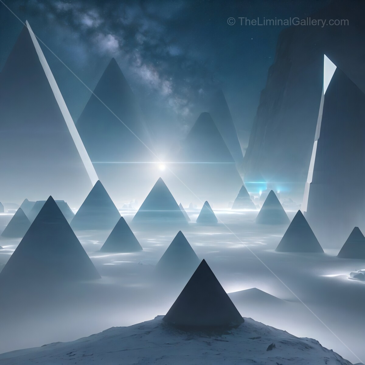 Mysterious pyramids rise under a glowing celestial landscape at midnight