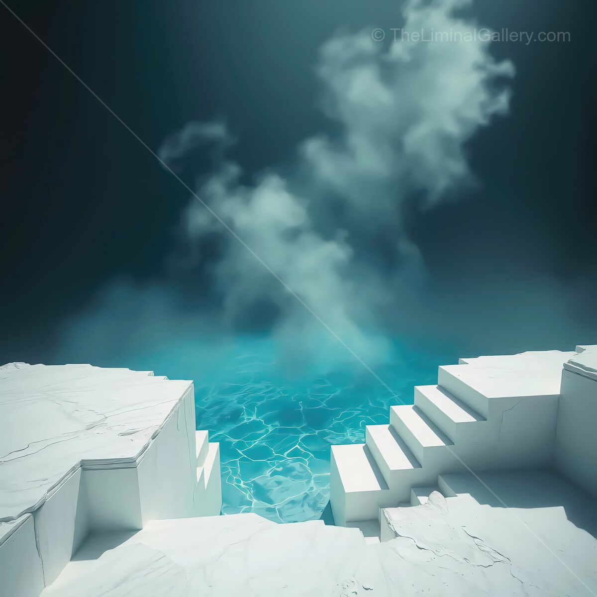 Breathtaking liminal view of azure water and marble steps leading into a dreamy misty ambiance