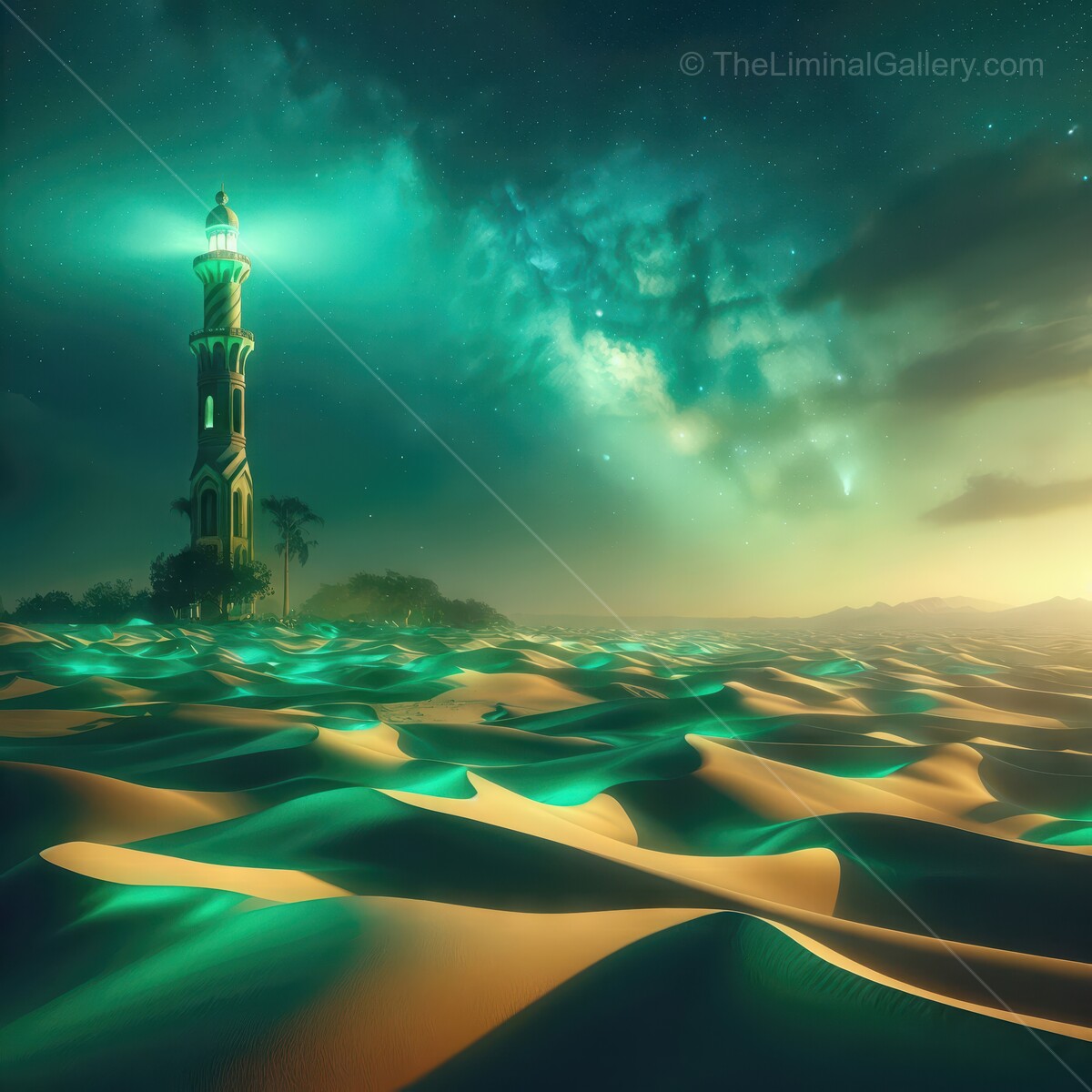 Shining liminal beacon guided by the stars illuminates the mystical desert at twilight