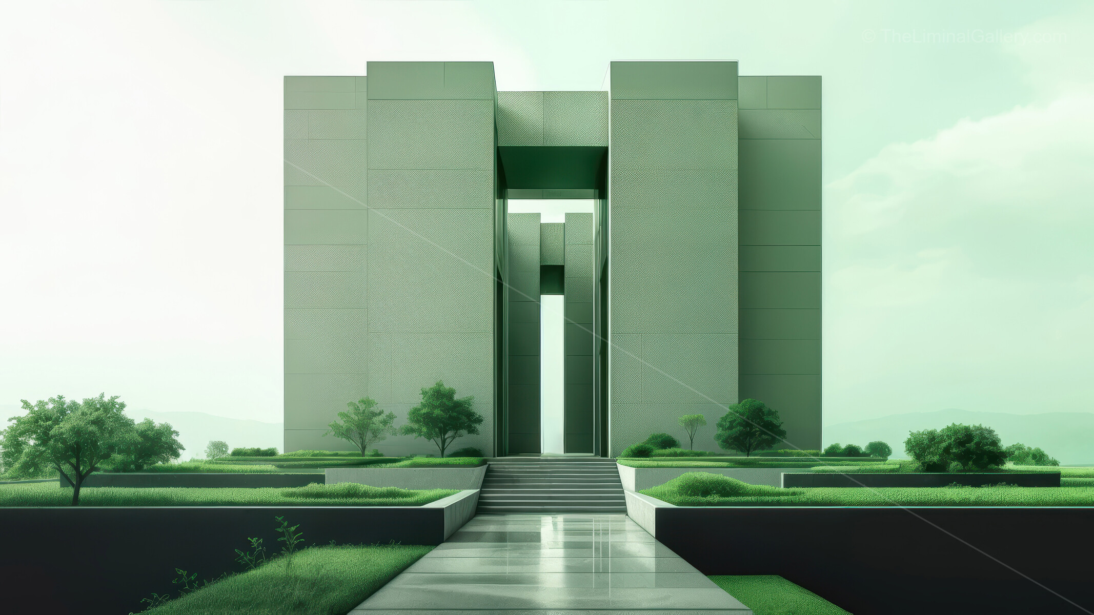 Modern architecture intertwines nature and structure in a serene landscape, showcasing a bold geometric design against a light green backdrop