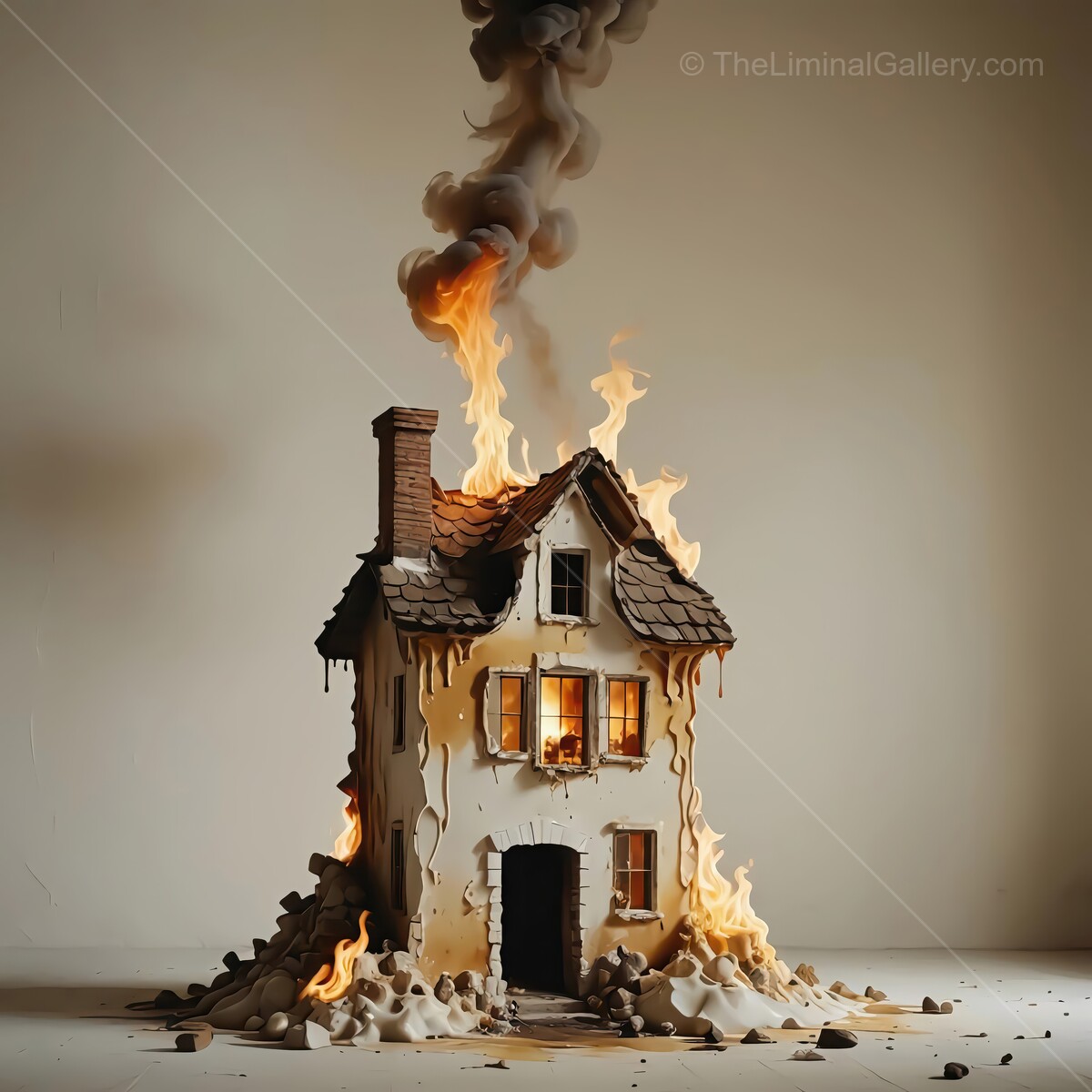 Creative depiction of a burning house showcasing destruction and resilience in a desolate setting
