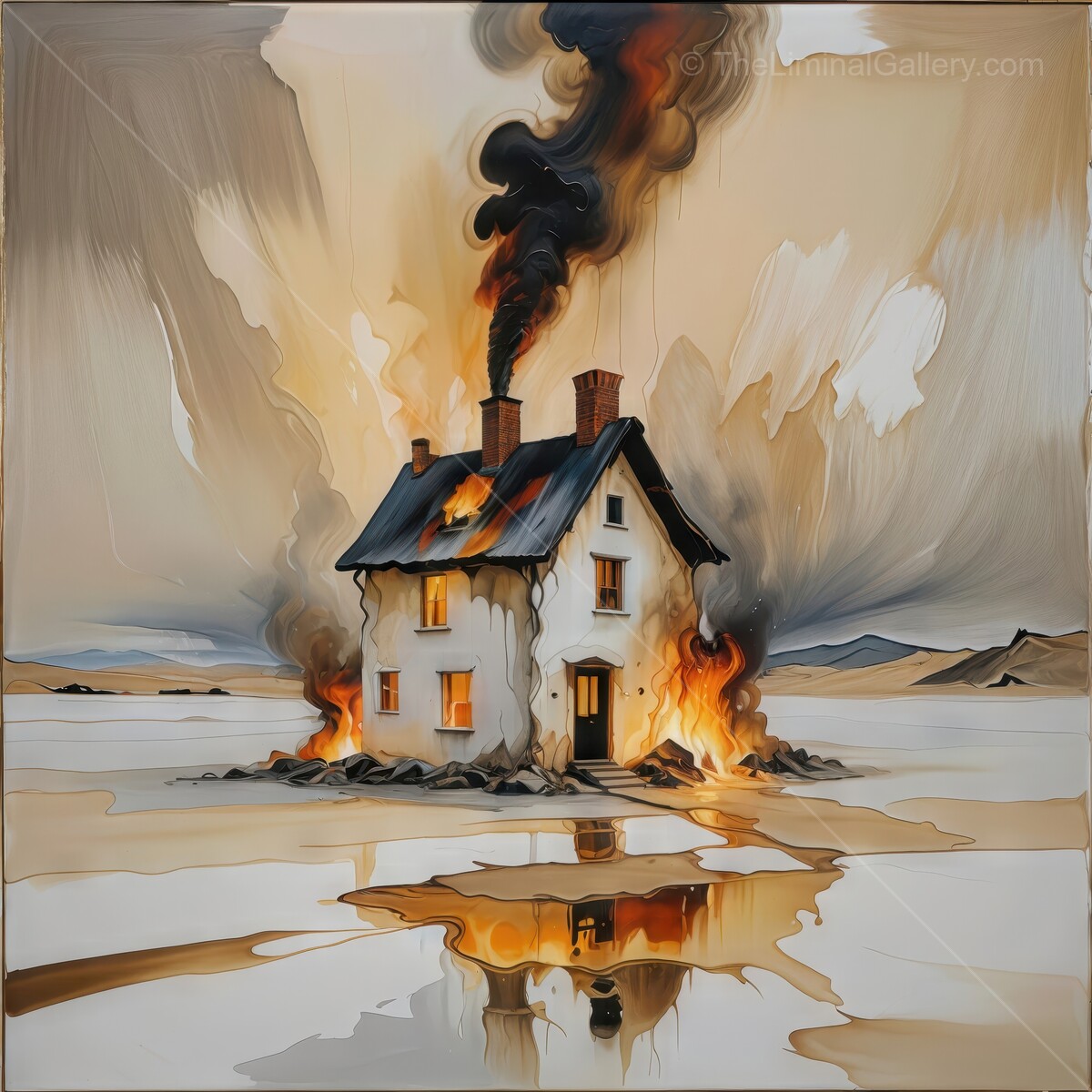 Flames engulf a solitary house as smoke billows over a desolate landscape during twilight hours