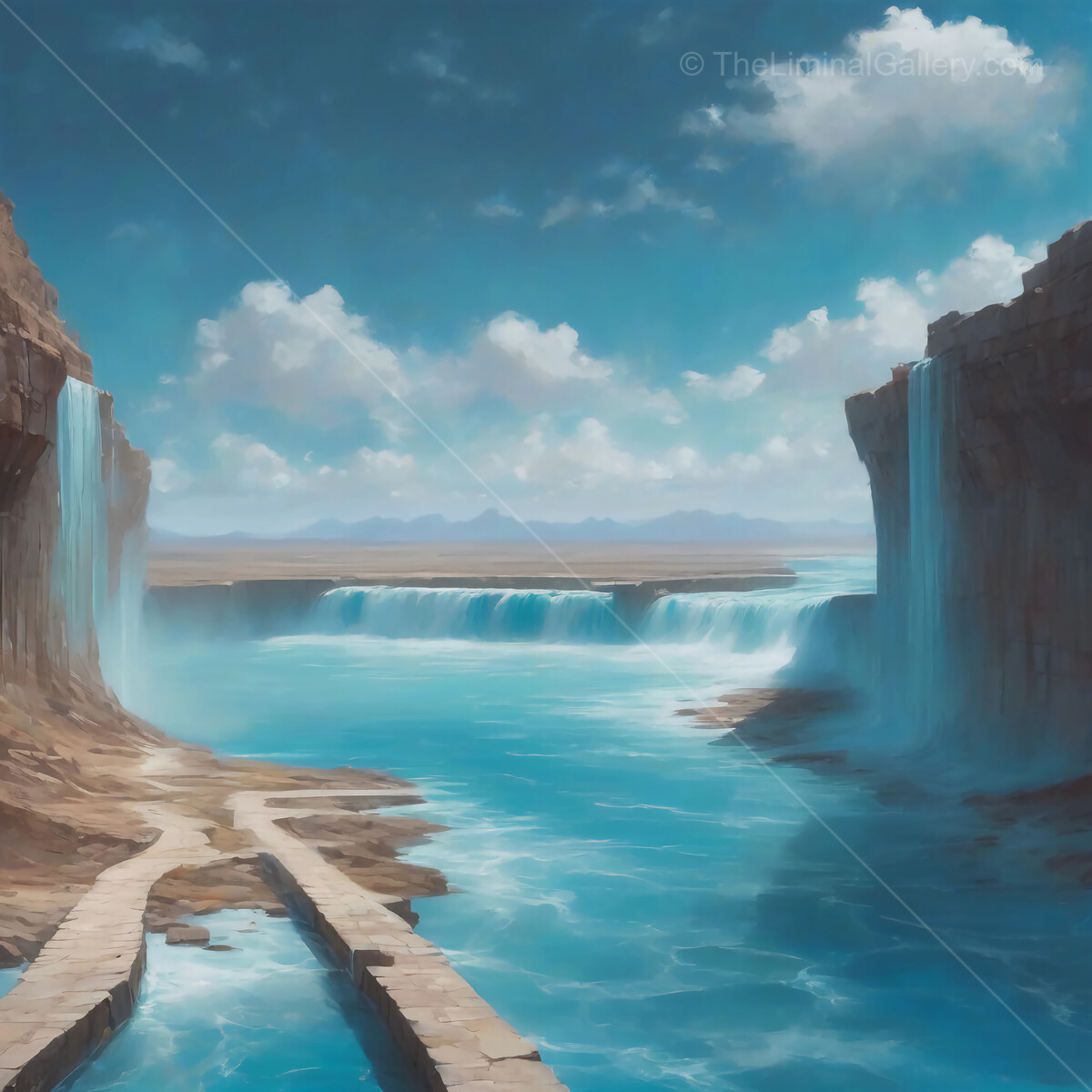 Serene liminal waterfalls cascading into a tranquil azure river under a vast sky filled with fluffy clouds