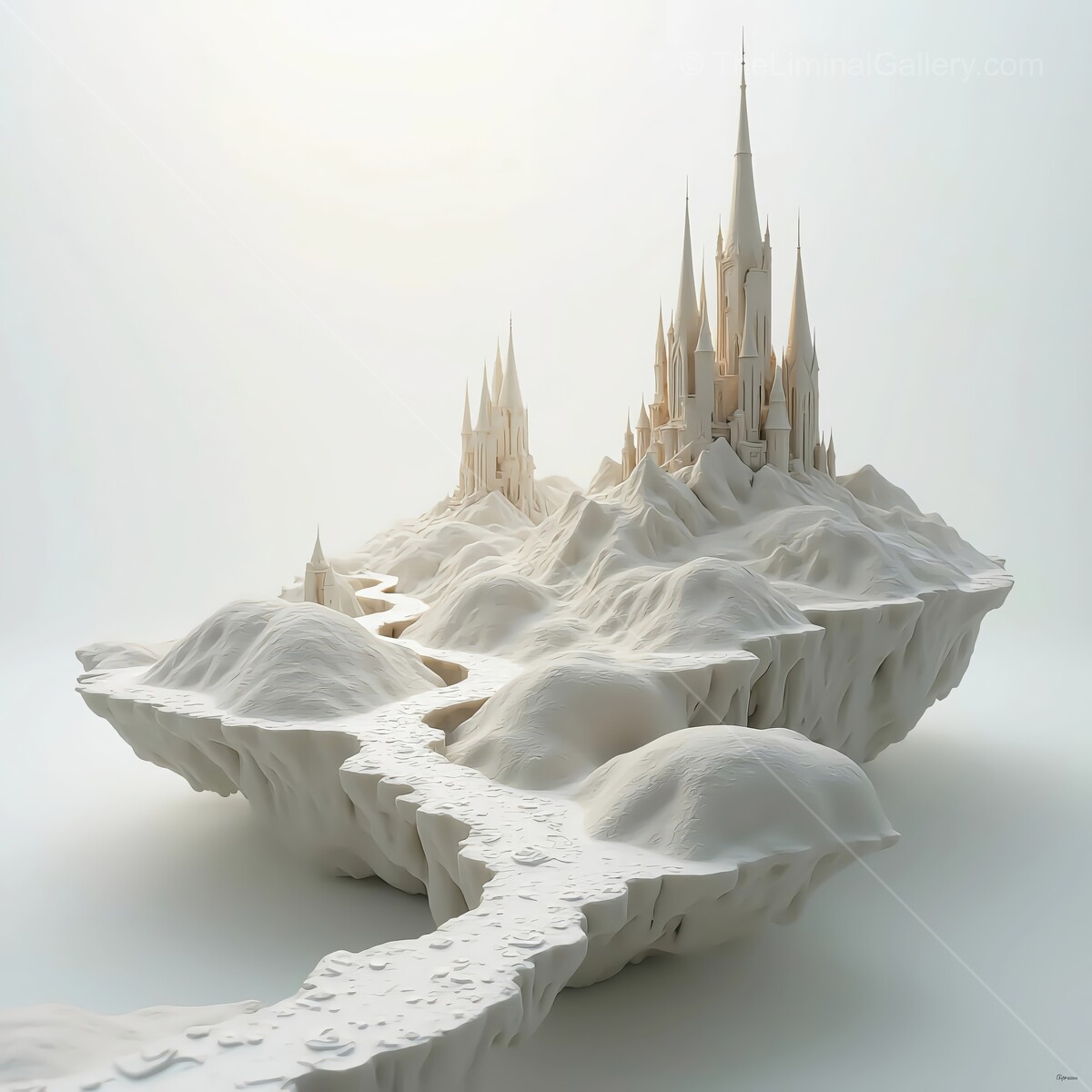 Majestic castle rises over a serene landscape of sculpted mountains and winding paths