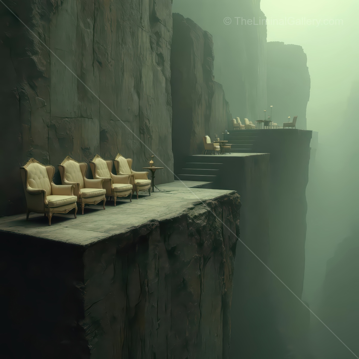 Chairs set on the edge of a cliff in a misty liminal space, inviting contemplation and wonder in a surreal atmosphere
