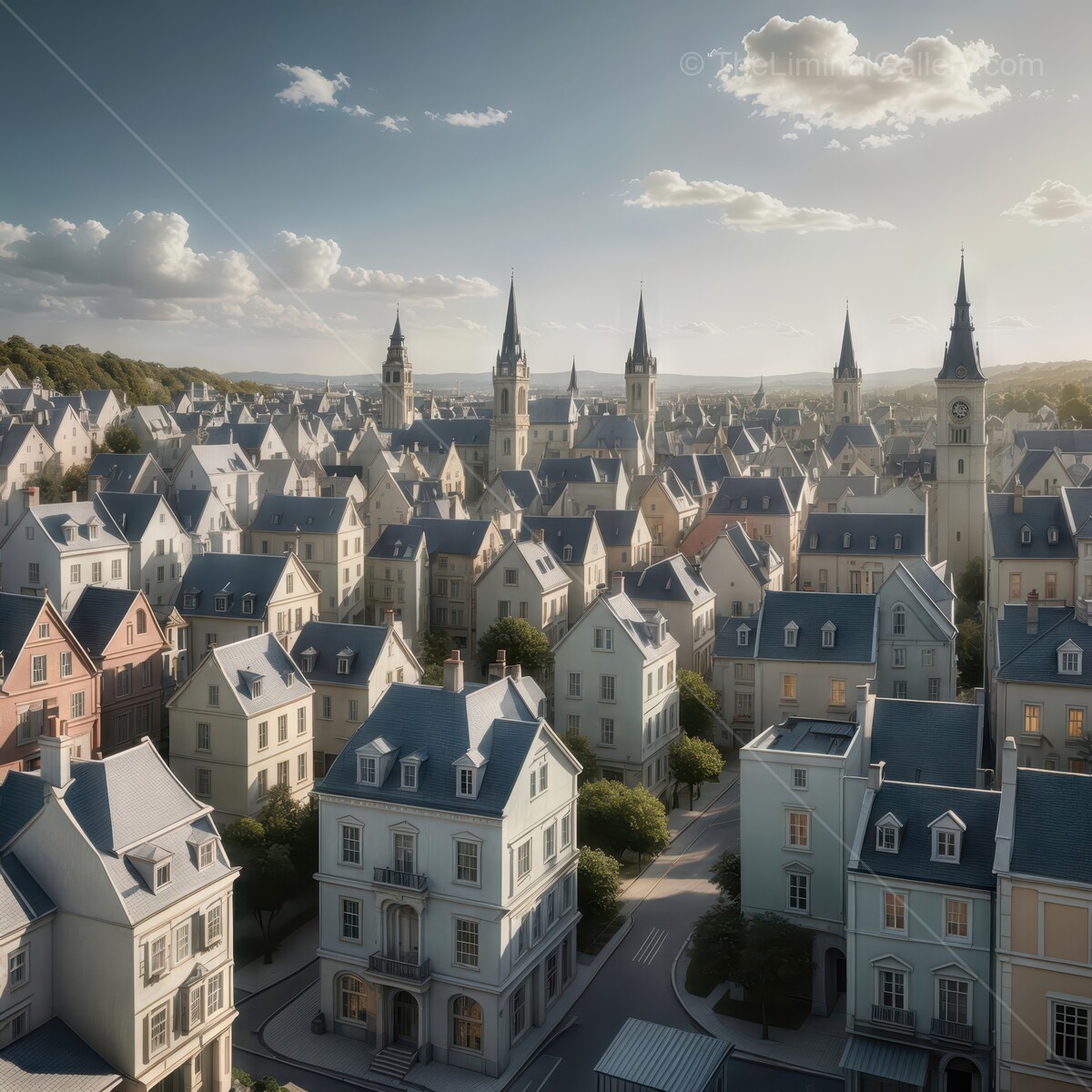 Charming architecture of a scenic town bathed in sunlight at dawn offers a glimpse into tranquil liminal living