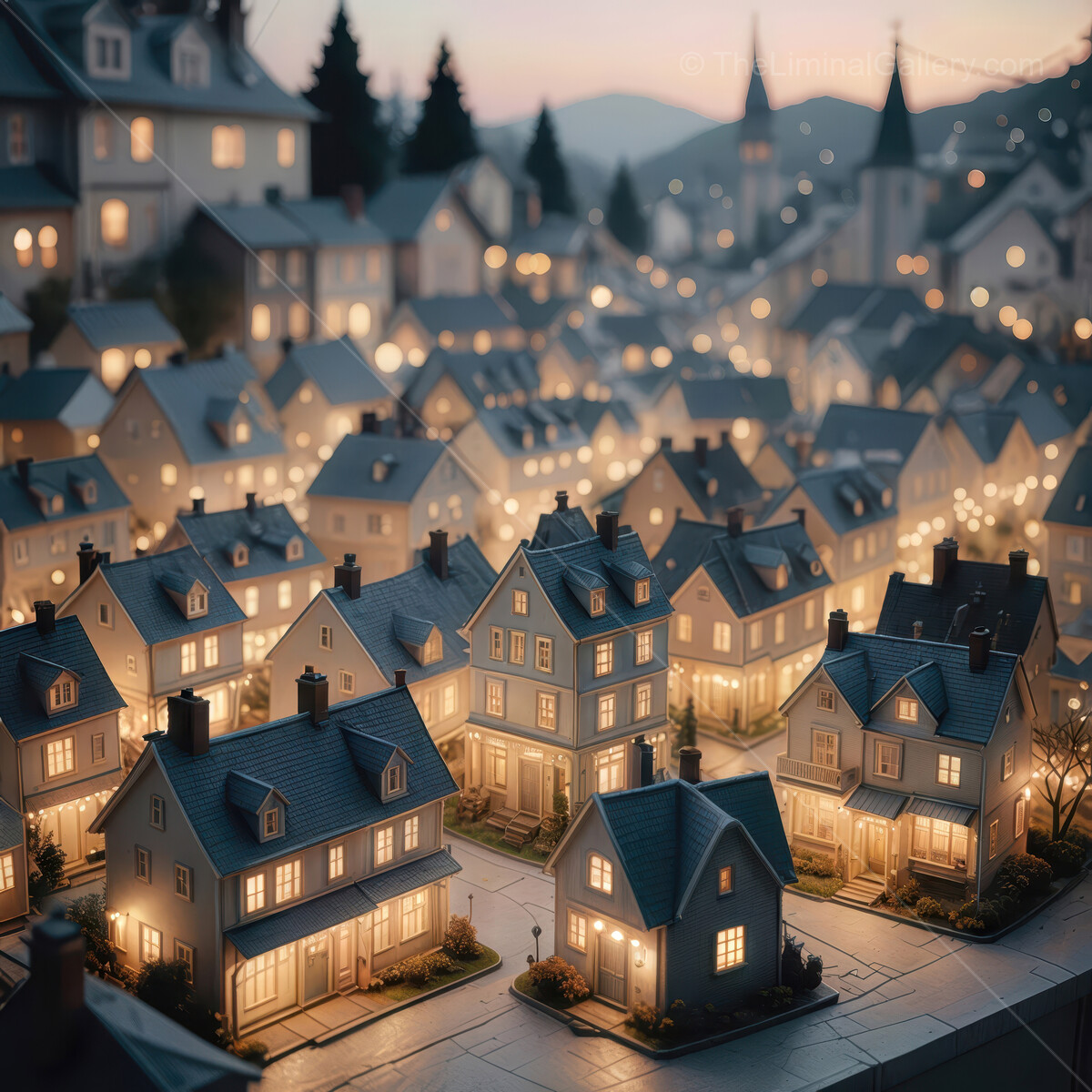 Delightful evening in a charming liminal village, illuminated by warm lights and peaceful ambiance