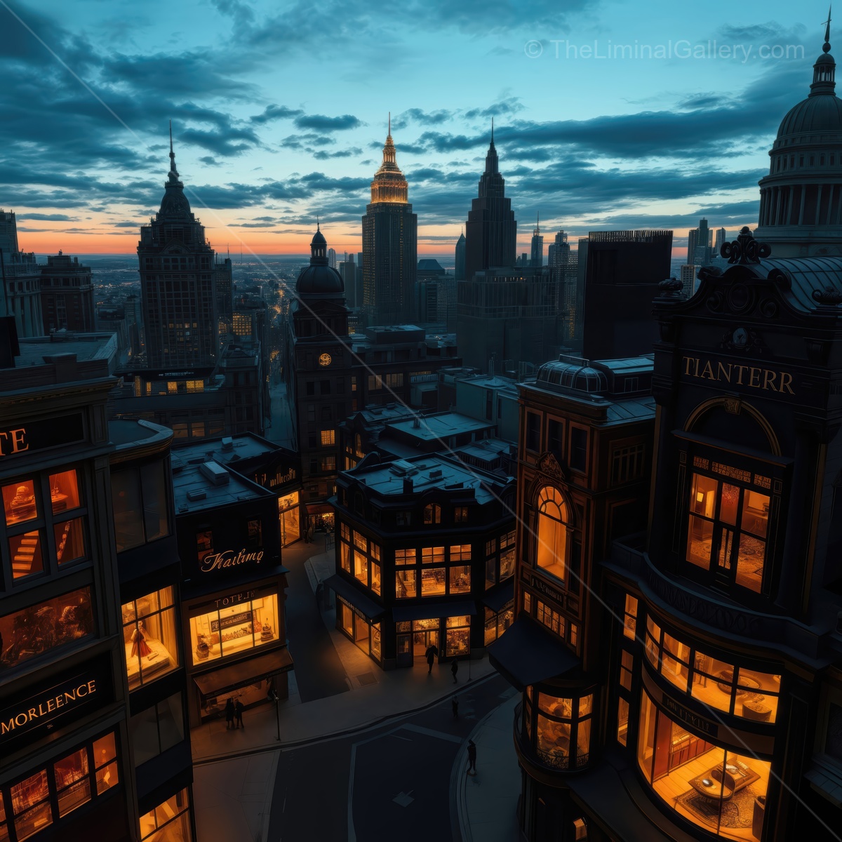 Exploring the enchanting liminal space of a quiet city skyline at dusk with glowing storefronts and towering buildings