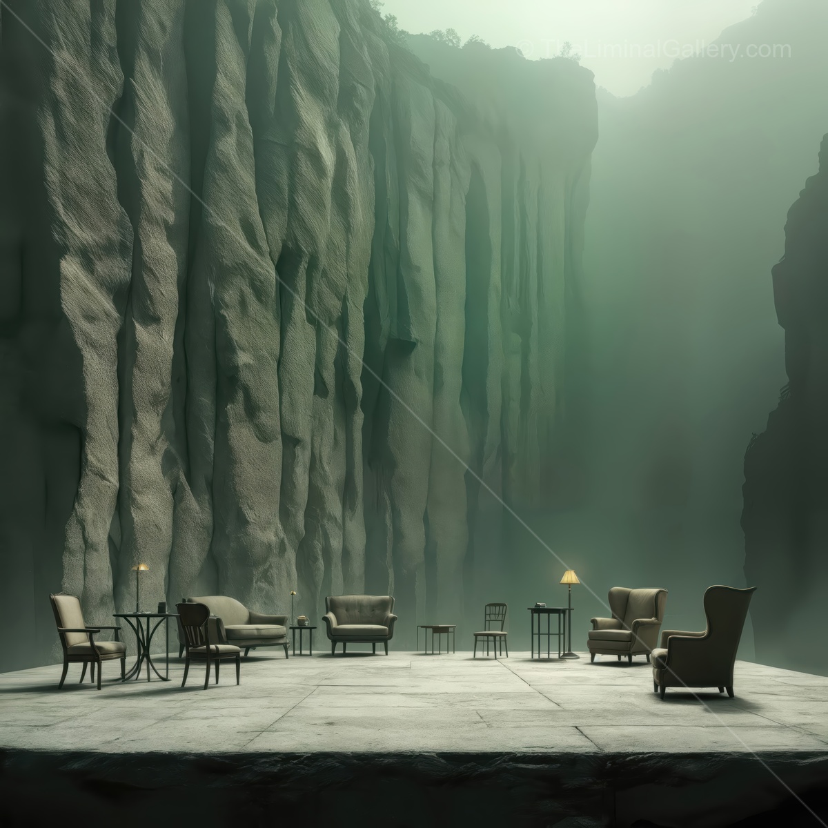 Mysterious liminal space with elegant furniture surrounded by towering cliffs in a foggy atmosphere