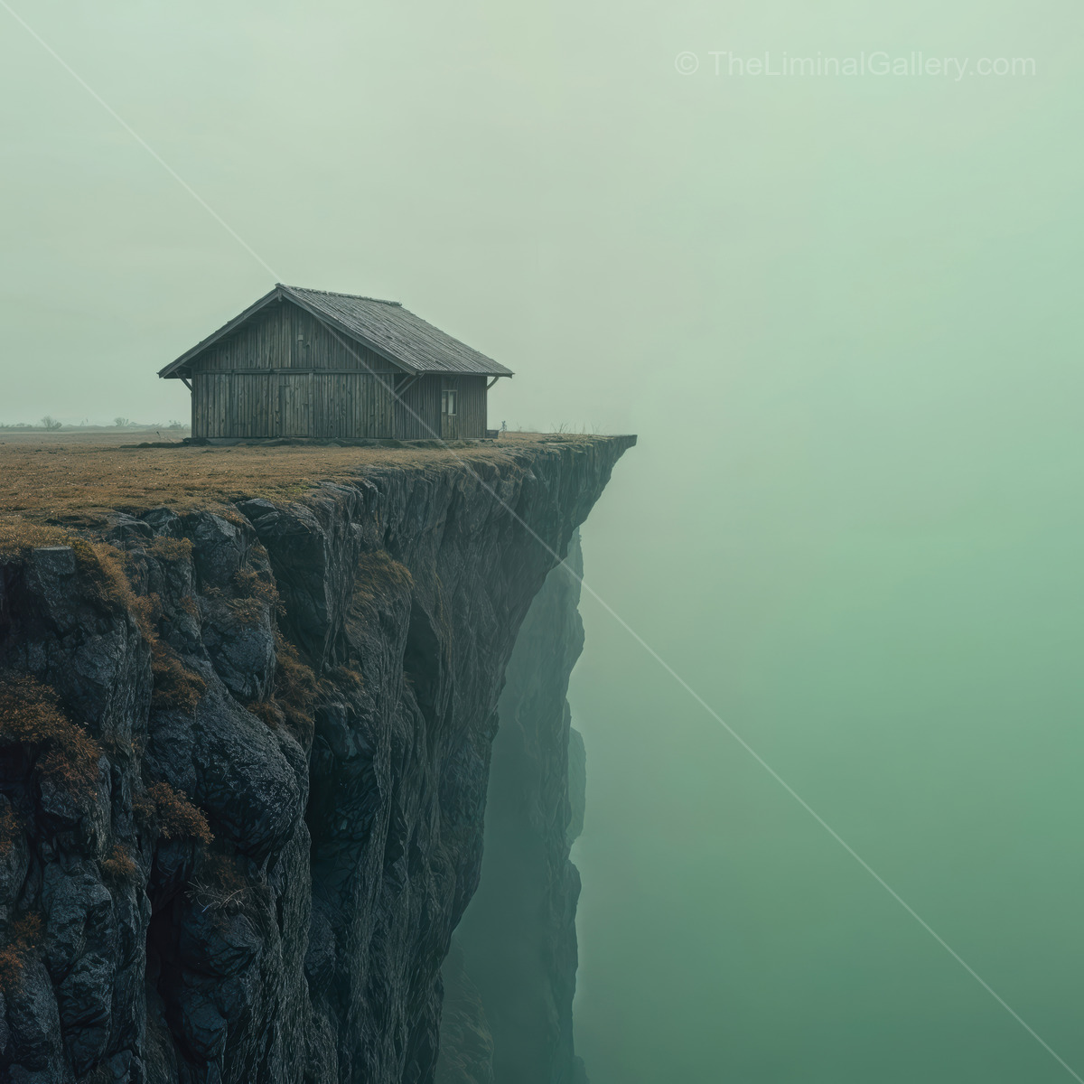 Solitary cabin on liminal mist-laden precipice peers into endless void; surreal landscape blurs reality and dream, inviting contemplative stillness and peace
