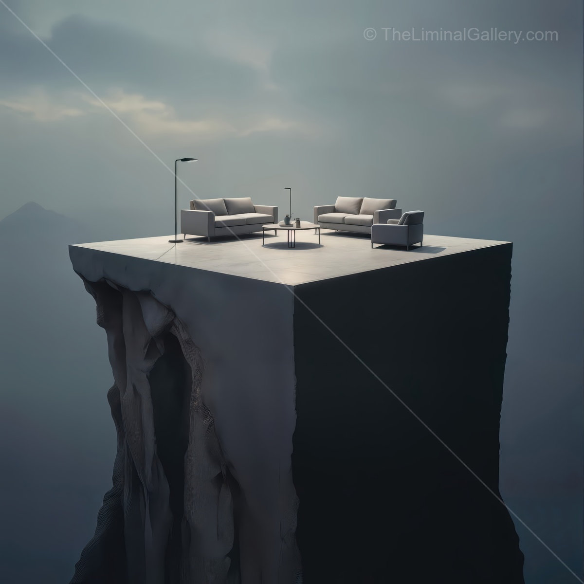 Surreal lounge suspended in a liminal space atop a mountain cliff at dusk