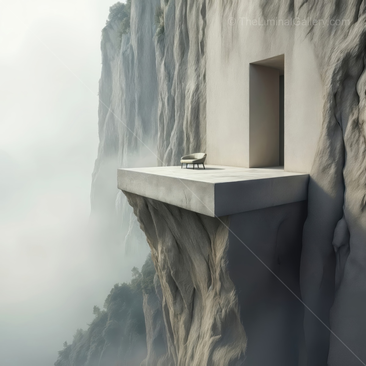 Exploring a surreal liminal space on a cliffside overlooking a misty abyss at sunrise