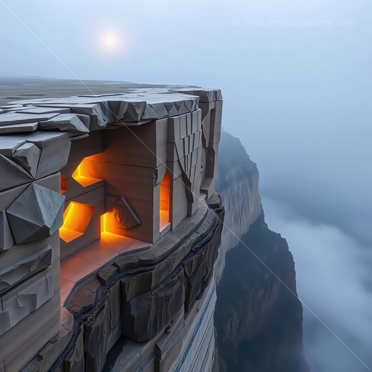 Mesmerizing cliffside structure glows against a foggy morning landscape in the mountains