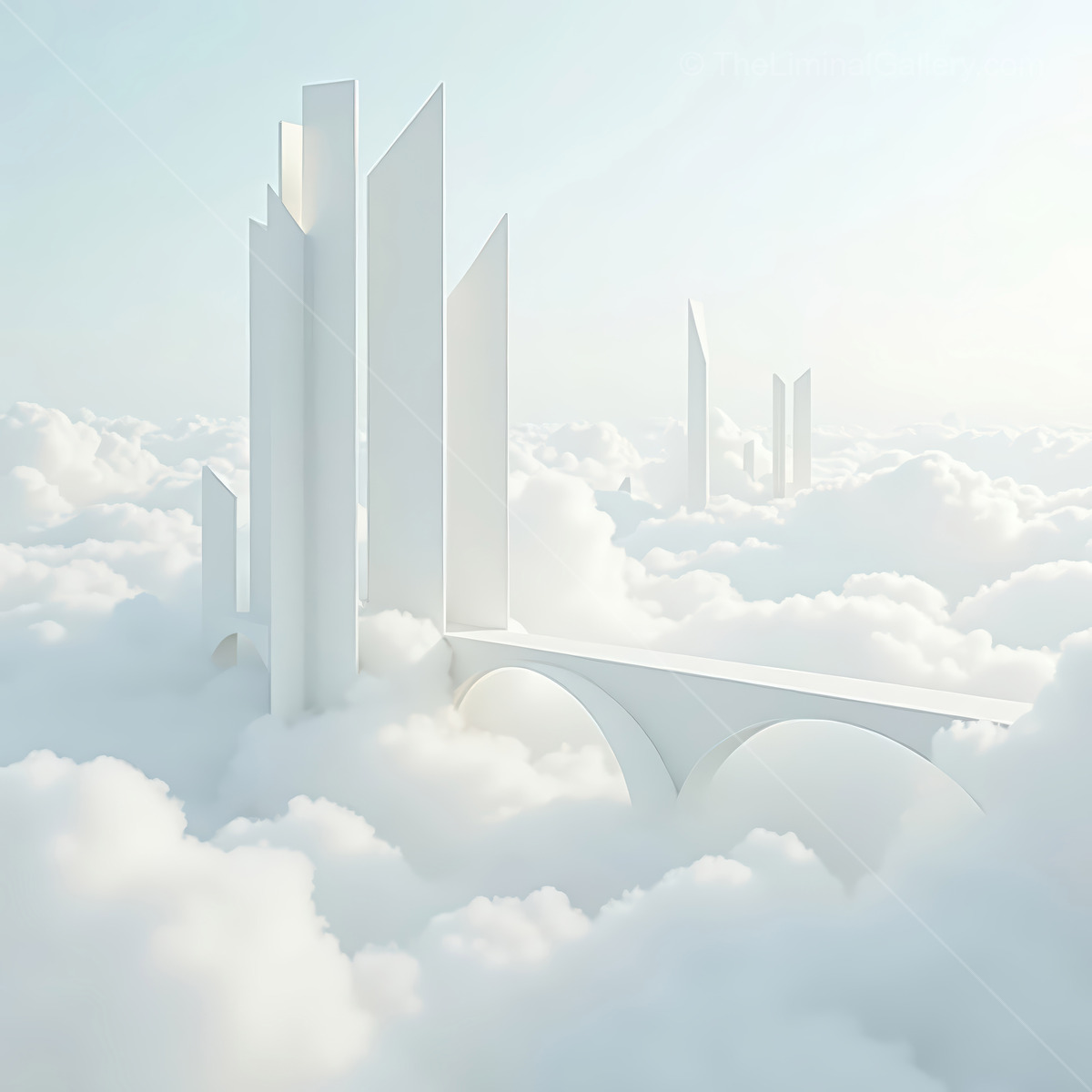 Majestic cityscape rises above a sea of clouds, blending dreams and reality in a surreal landscape filled with towering structures and ethereal light