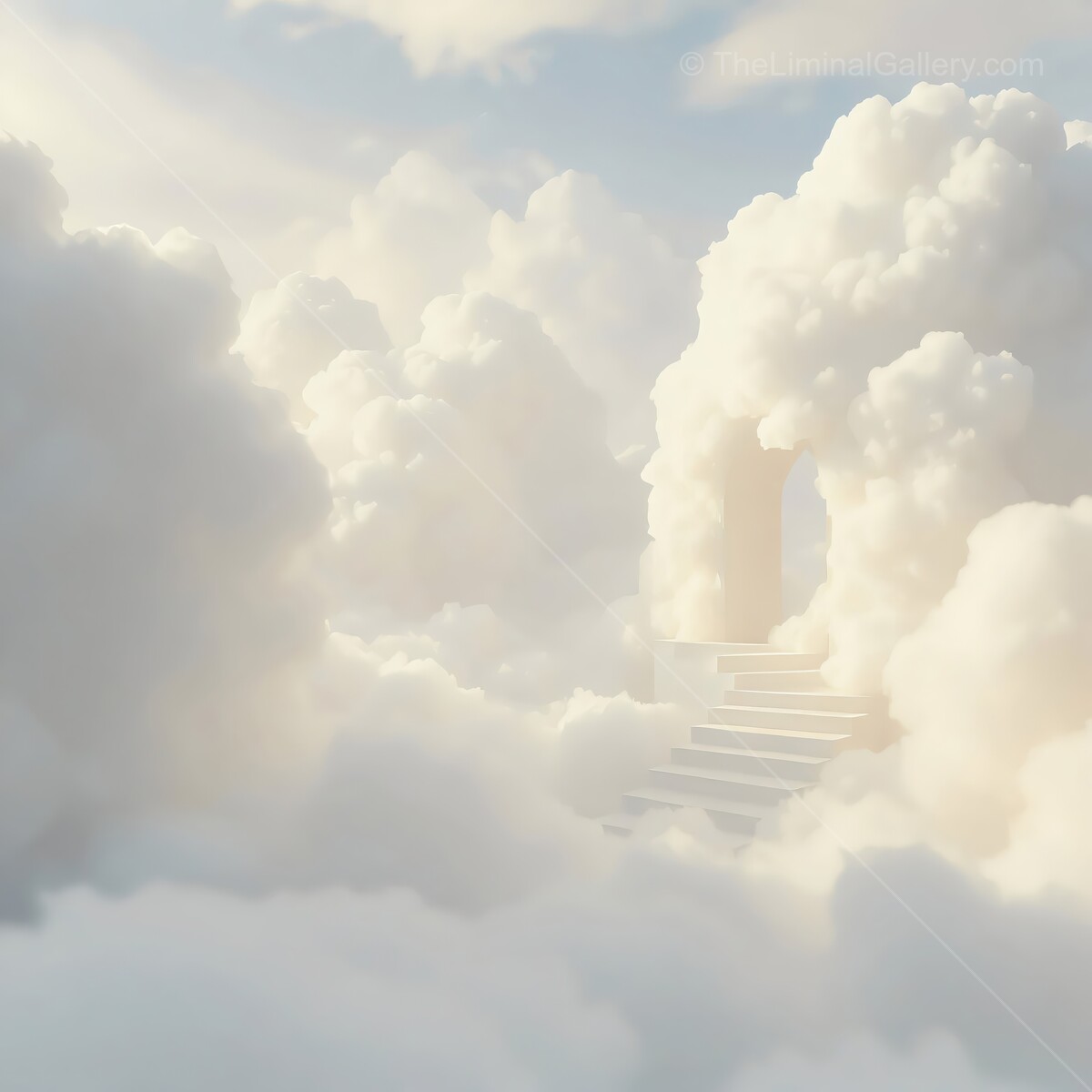 Liminal cloudy haven with a stairway leading to an ethereal archway at twilight