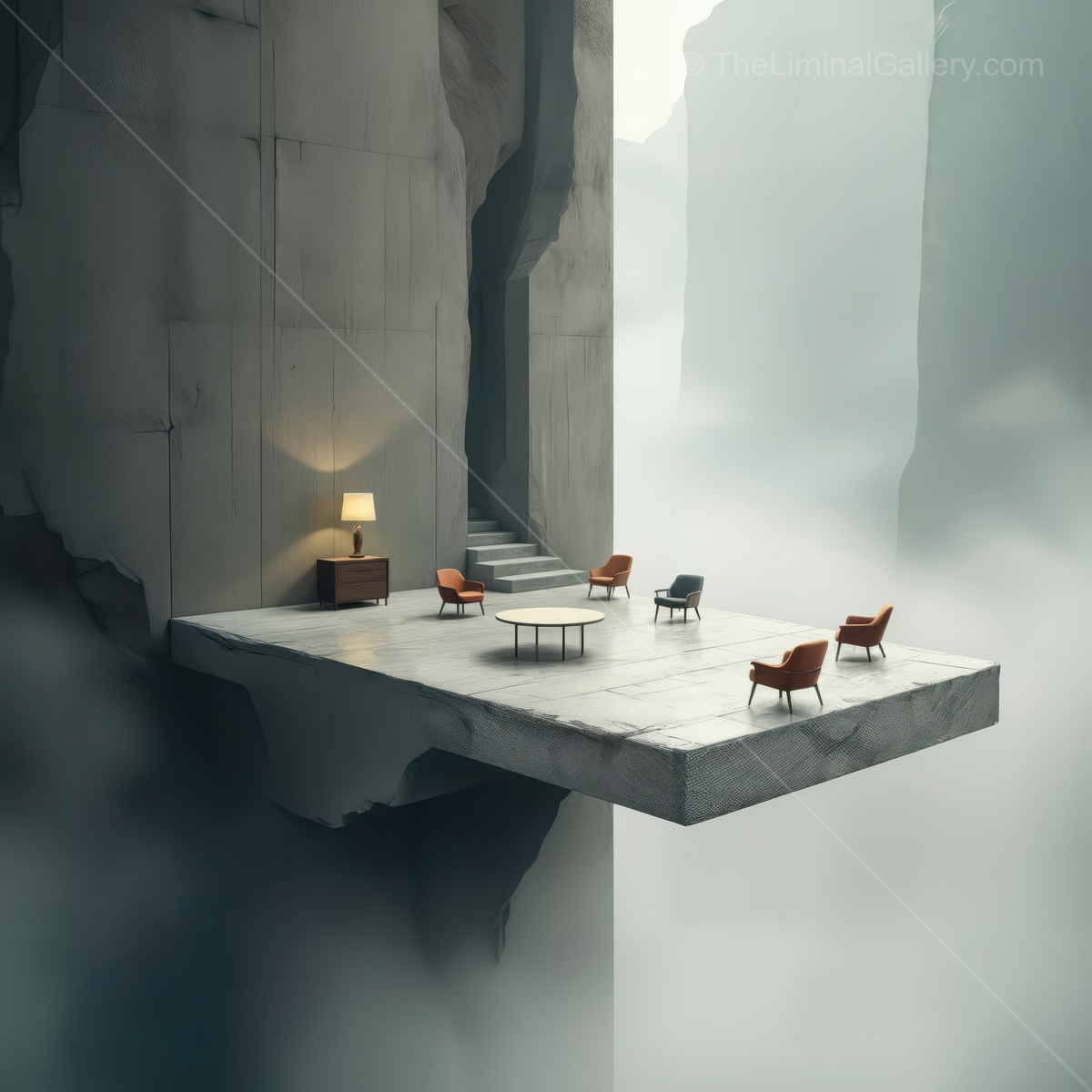 Exploring an enchanting liminal space with surreal furniture and a mysterious ambiance hanging over the abyss