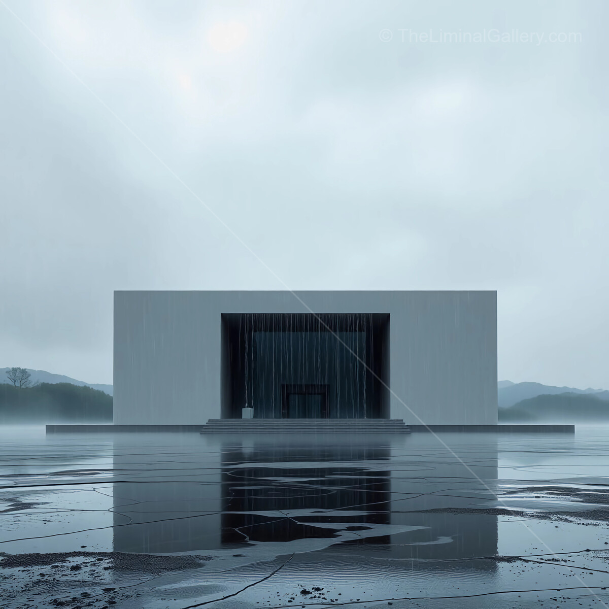 Contemplative liminal architecture emerges in the soft embrace of a rainy landscape at dusk