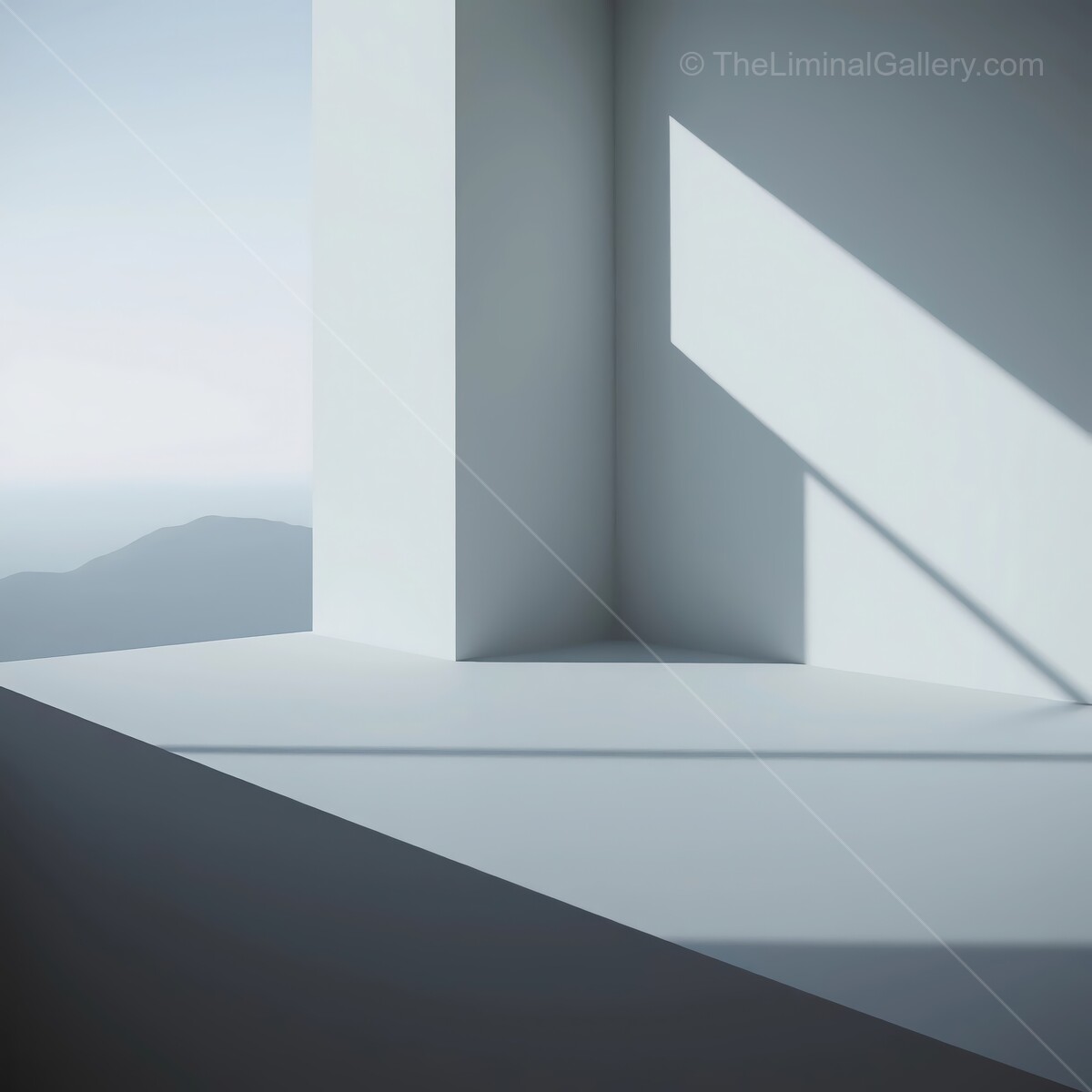 Contemporary liminal architectural space showcasing serene shadow patterns and natural light at dawn