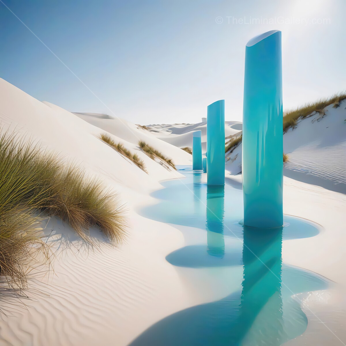 Vibrant blue columns rise from a serene oasis in the enchanting white sand dunes at midday