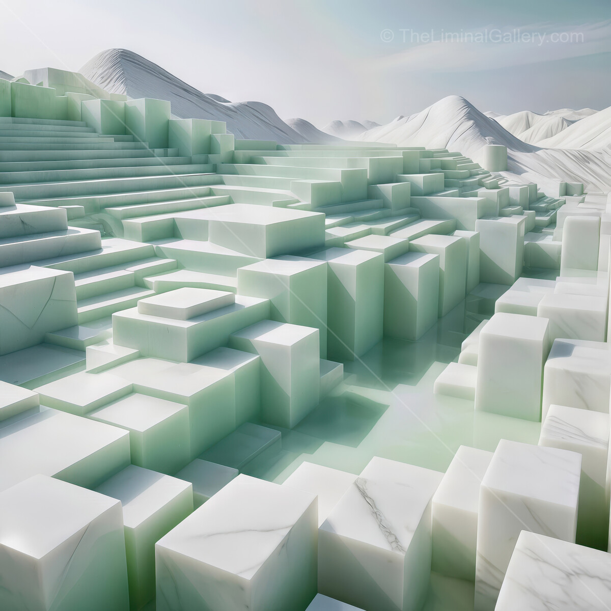 Serene landscape of alabaster structures reflecting soft light in an ethereal setting of gentle slopes