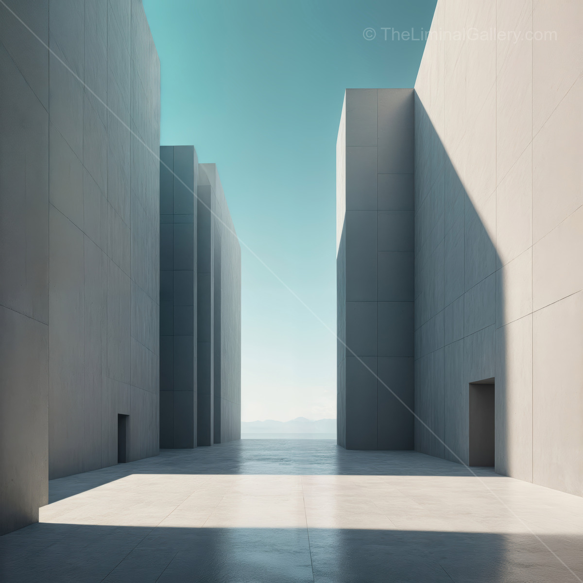Early light bathes liminal abstract structures, crisp blue sky framing minimal forms whose gentle geometry celebrates harmony between space, shadow, and dawn