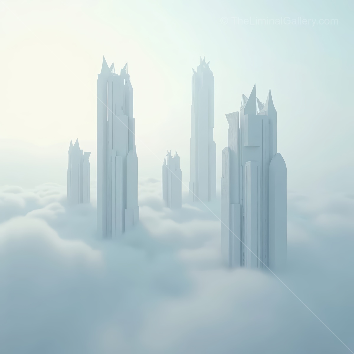 Liminal cloud city rises through ethereal fog at dawn, soaring towers and floating bridges blurring reality and dream, enticing exploration of this sky-suspended metropolis