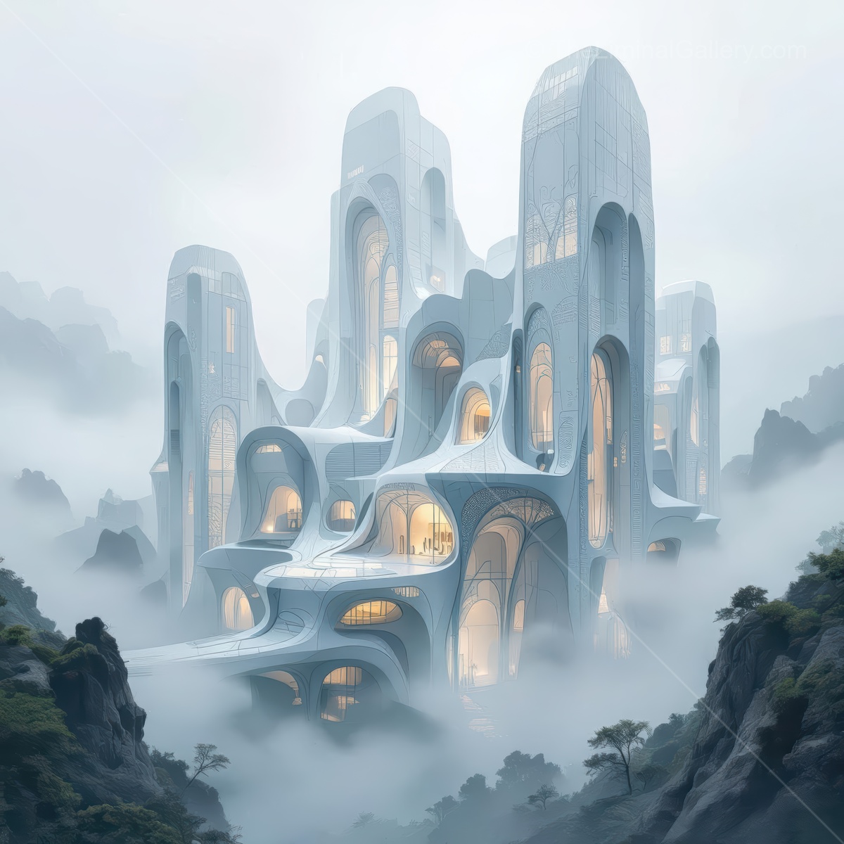 Liminal dawn reveals sleek futuristic spires rising from misty mountains, fusing innovation and nature into a surreal vista that stirs wonder and awe