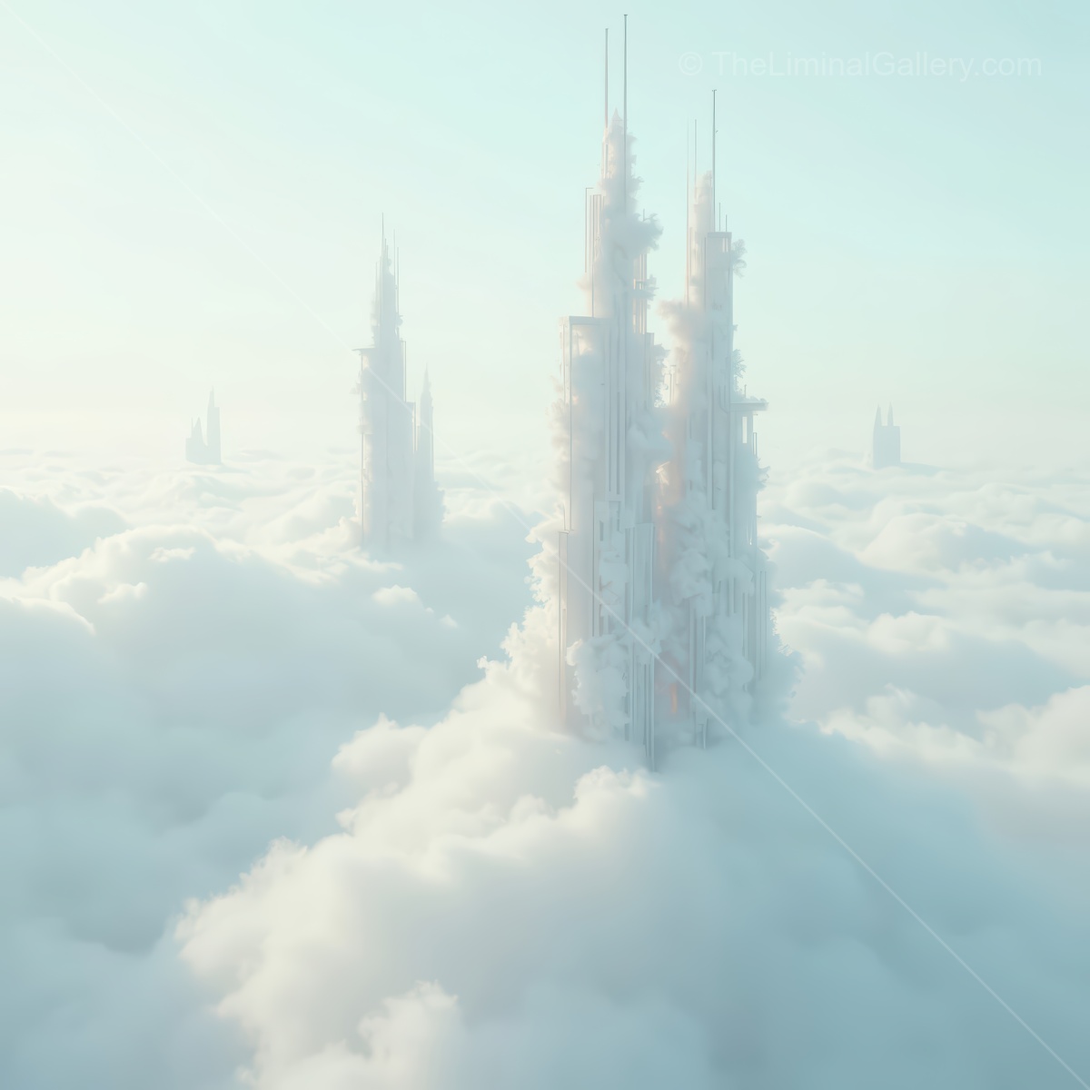 Majestic towers rise through ethereal clouds in a serene surreal landscape, evoking dreams of a futuristic utopia where the sky meets architectural wonder