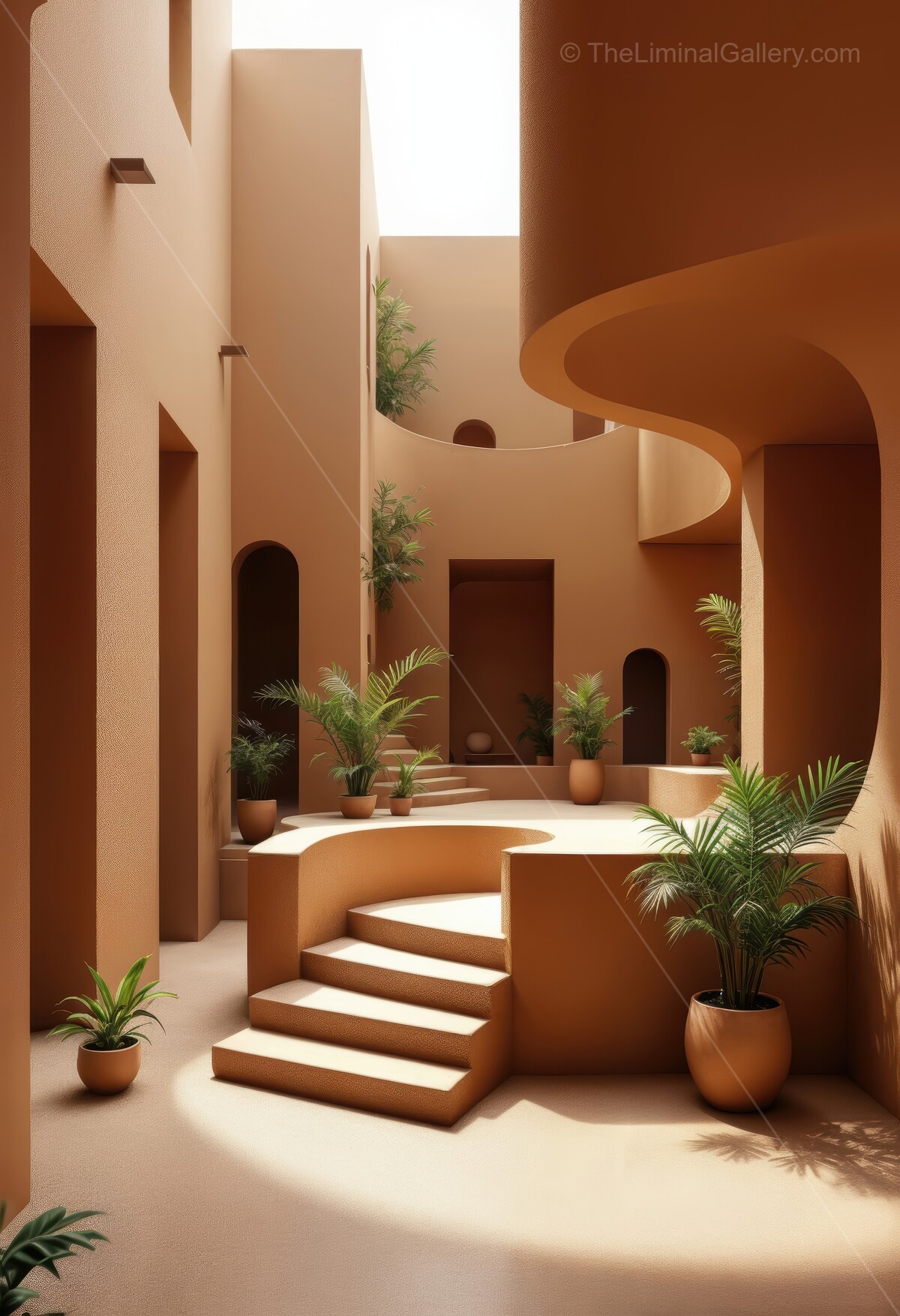 Stunning architectural oasis featuring warm earthy tones and lush greenery in a tranquil courtyard setting filled with artistic curves and steps under soft sunlight