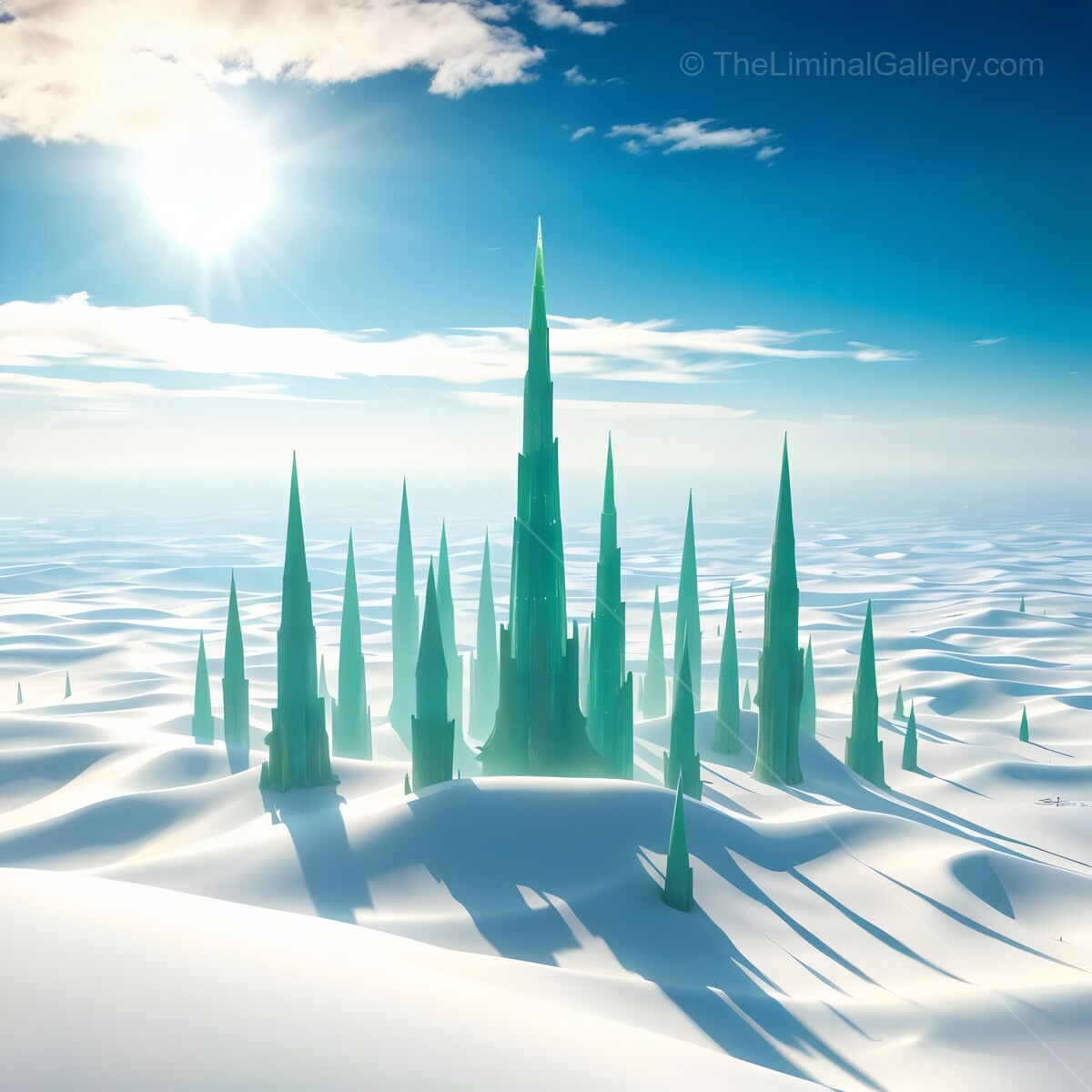 Glassy spires rise from expansive snow under a radiant sky at sunrise